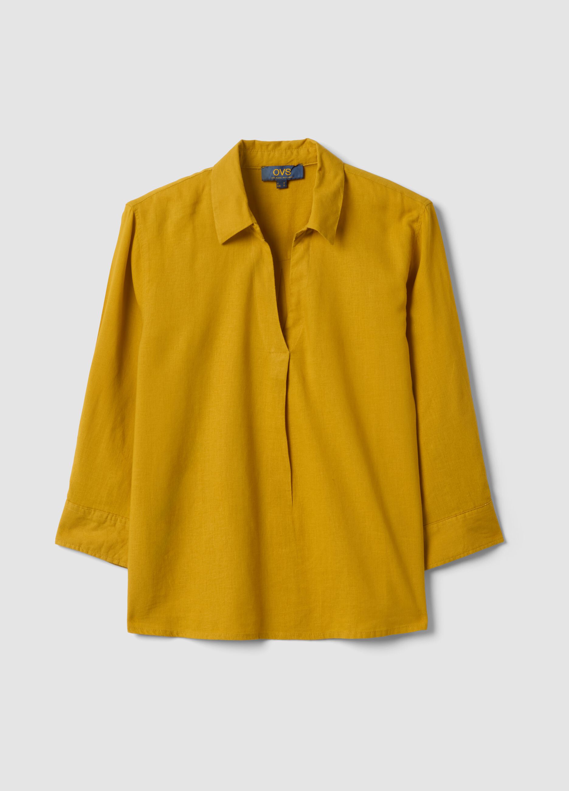Yellow linen and viscose blend regular-fit shirt with V-neck