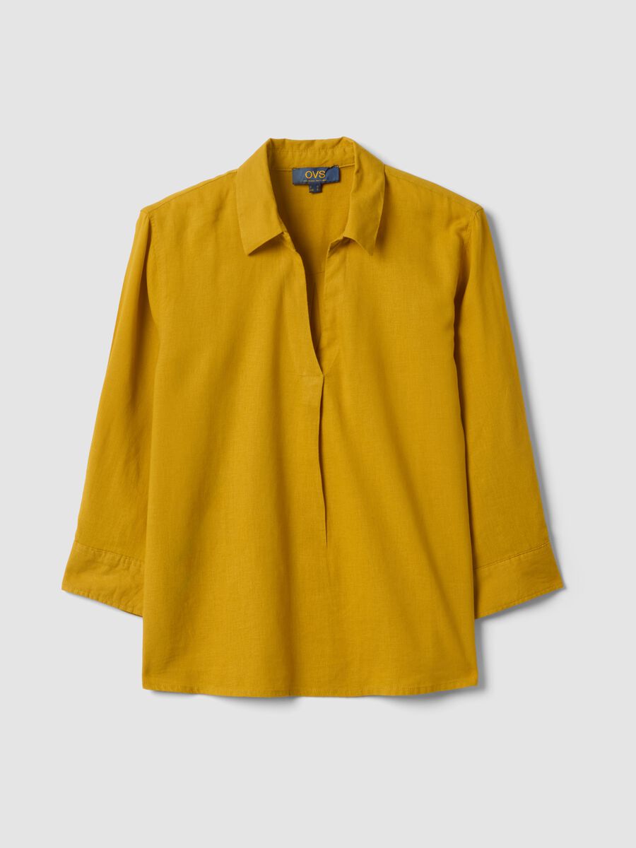Yellow linen and viscose blend regular-fit shirt with V-neck_5
