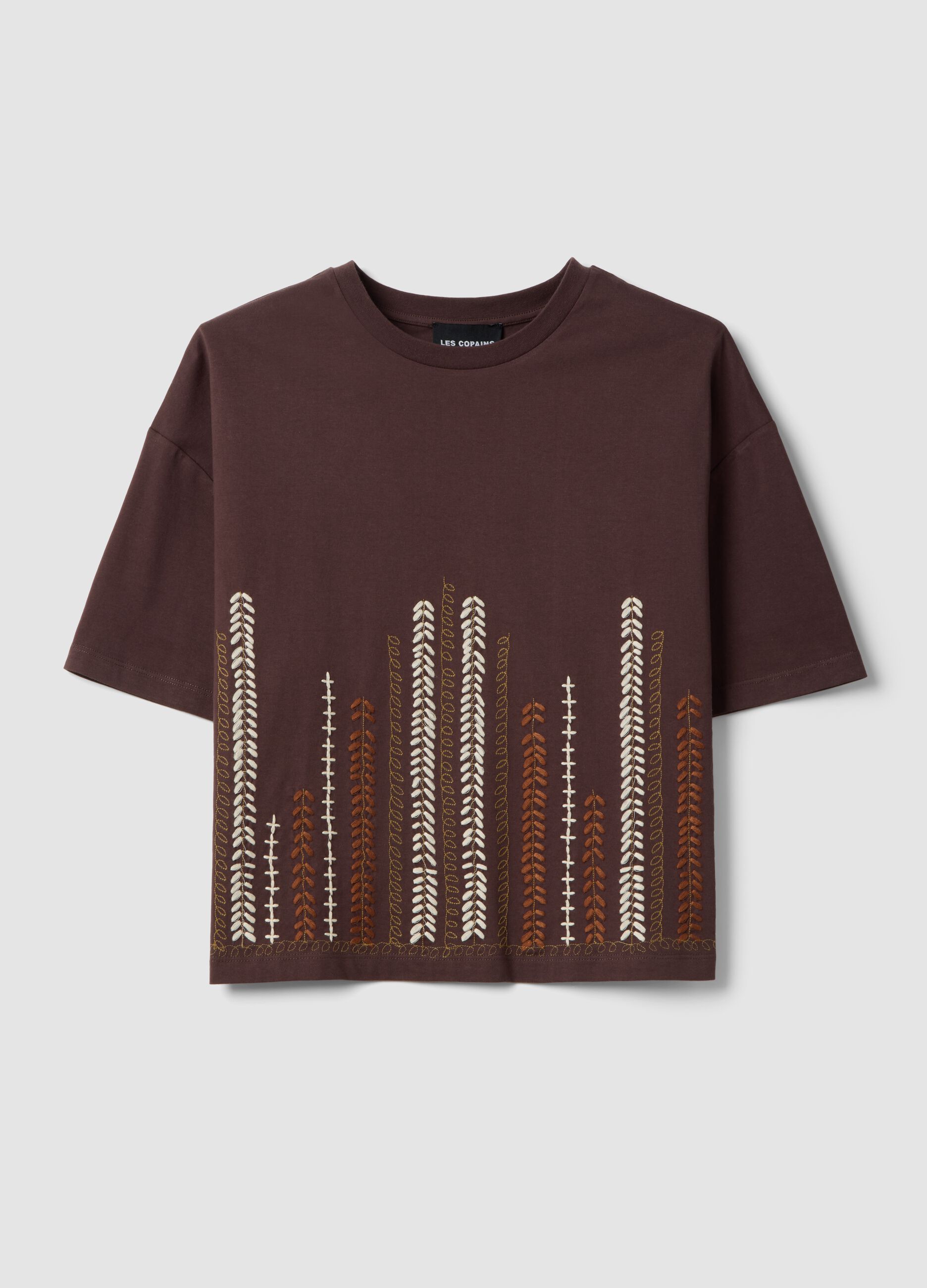 Brown pure cotton regular fit t-shirt with embroidery