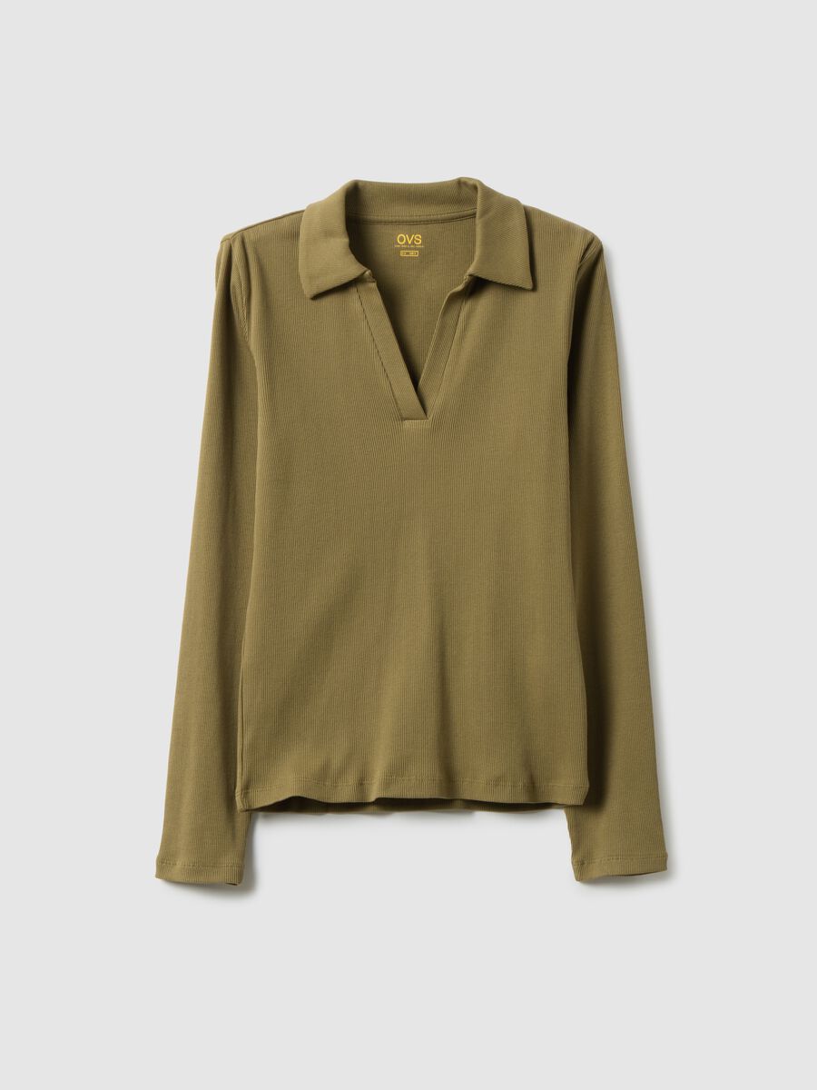 Green long-sleeve polo with V-neck in pure cotton regular fit_4