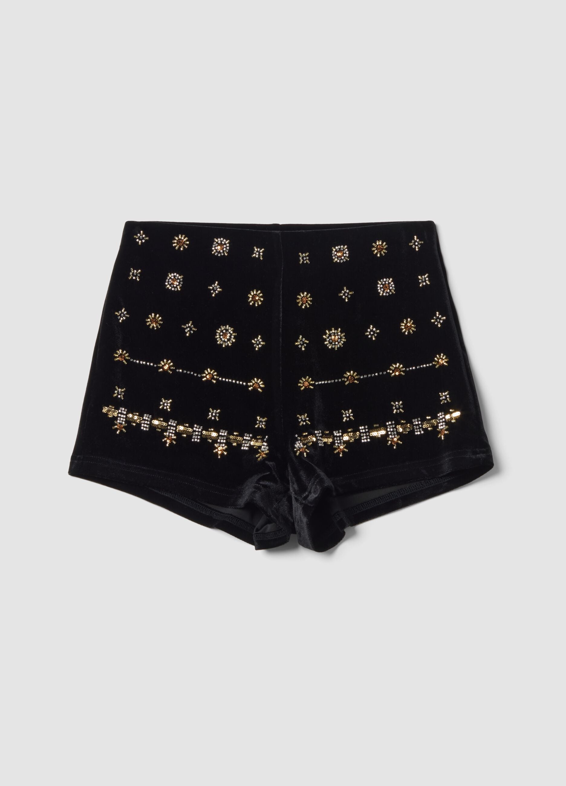 Black stretch velour slim-fit shorts with jewel embroidery