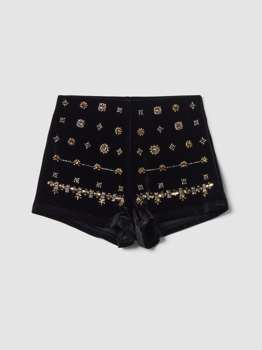 Shorts velour neri in tessuto elasticizzato con ricami gioielli slim fit_0