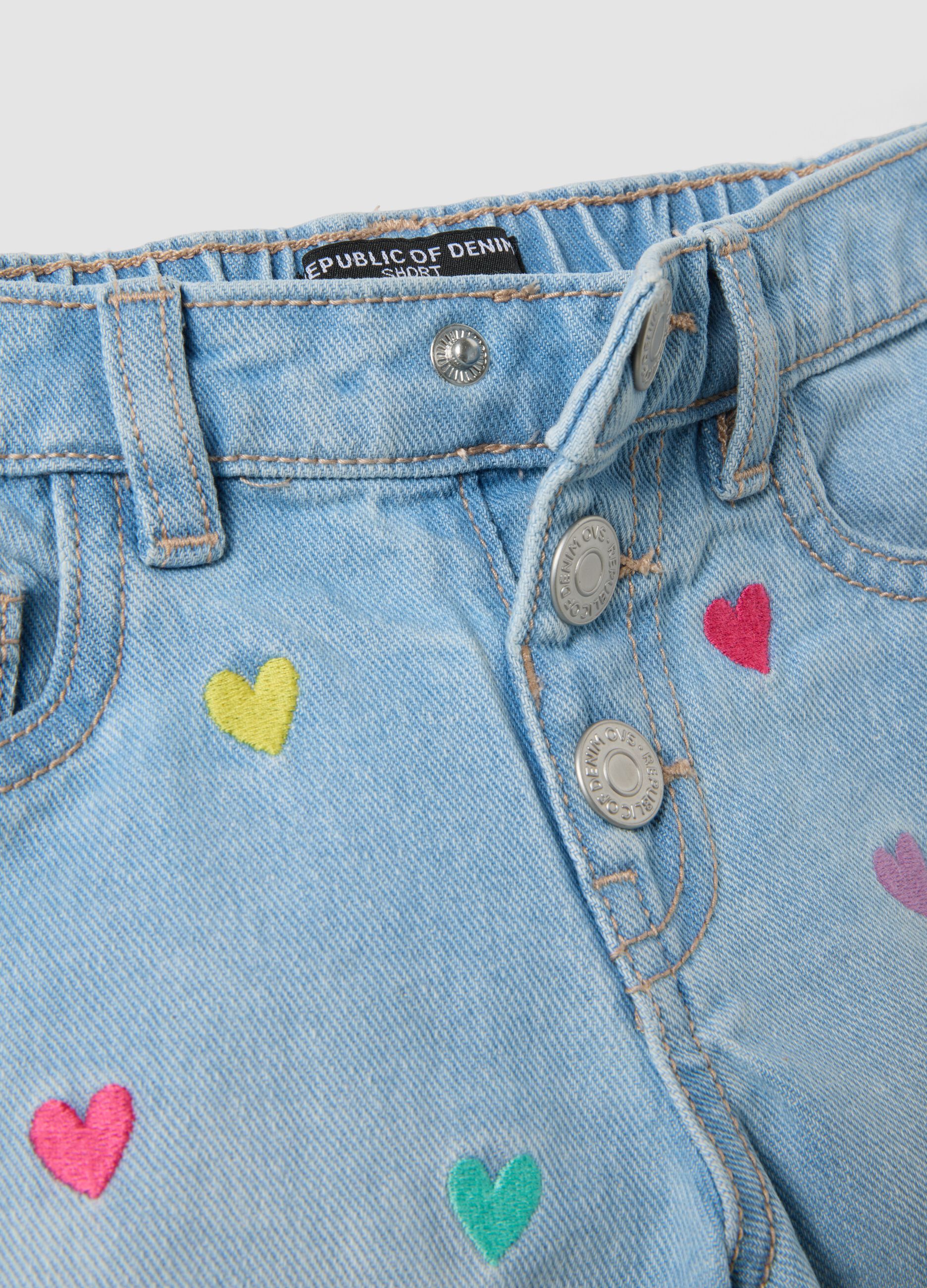 Light blue pure cotton denim shorts with embroidered hearts for girls