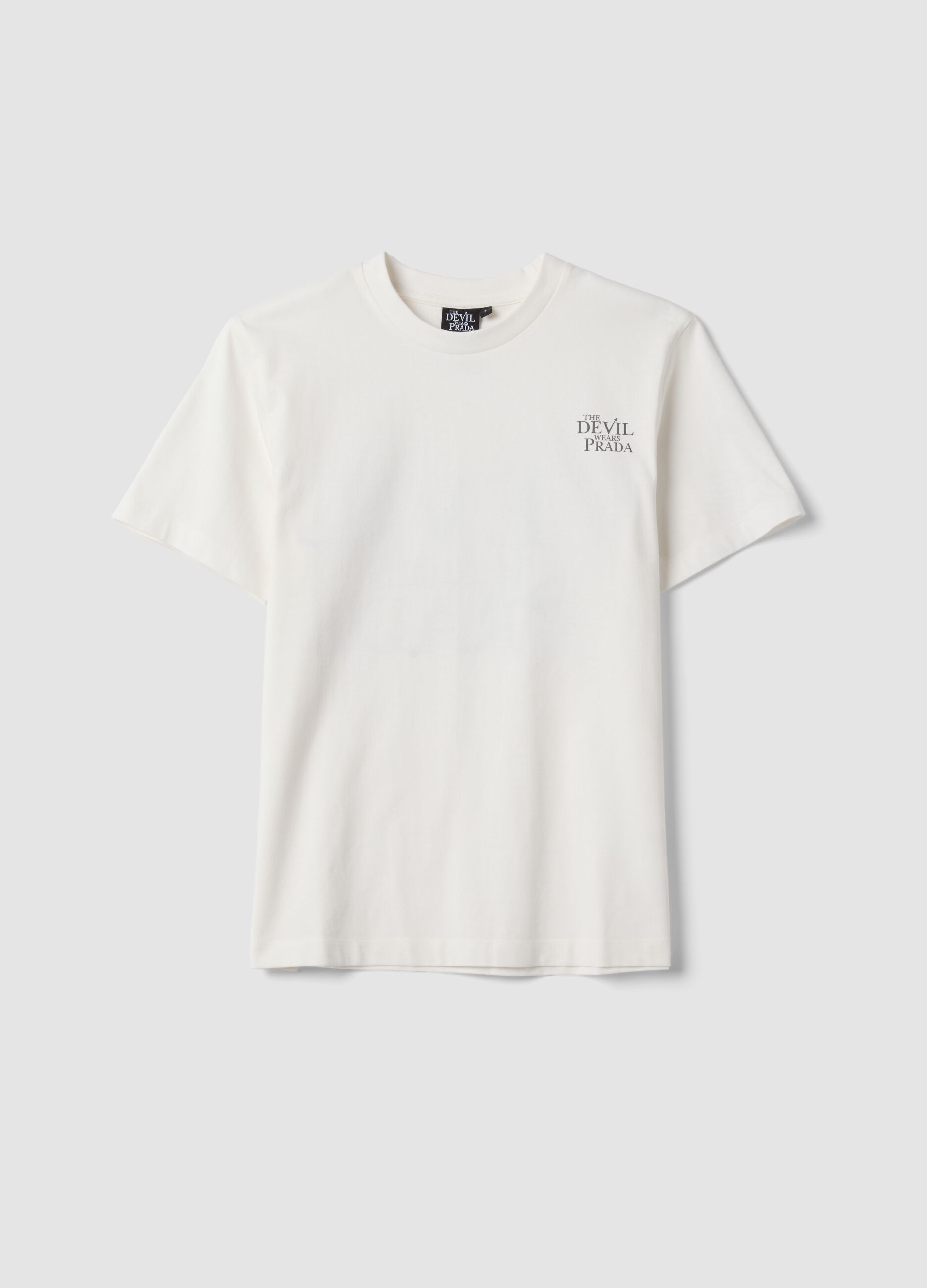 White pure cotton T-shirt with "The Devil Wears Prada" print, oversized fit