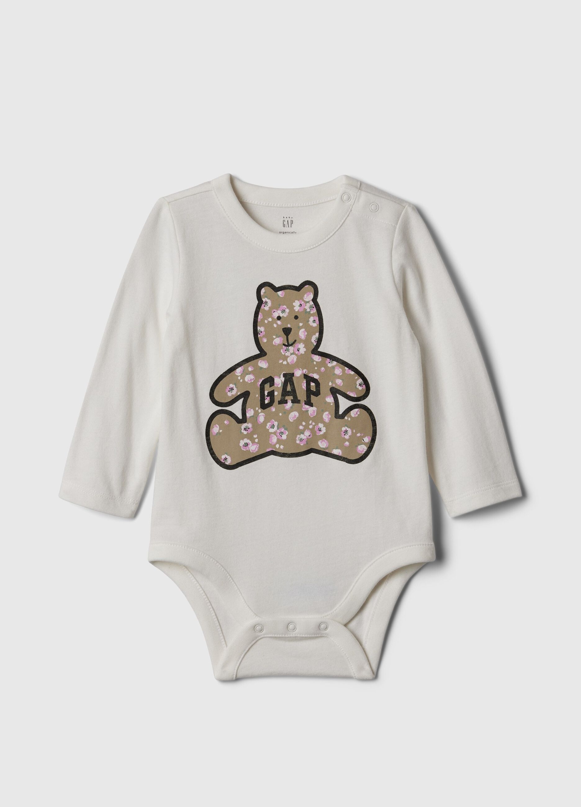 Long-sleeved bodysuit with teddy bear print and logo