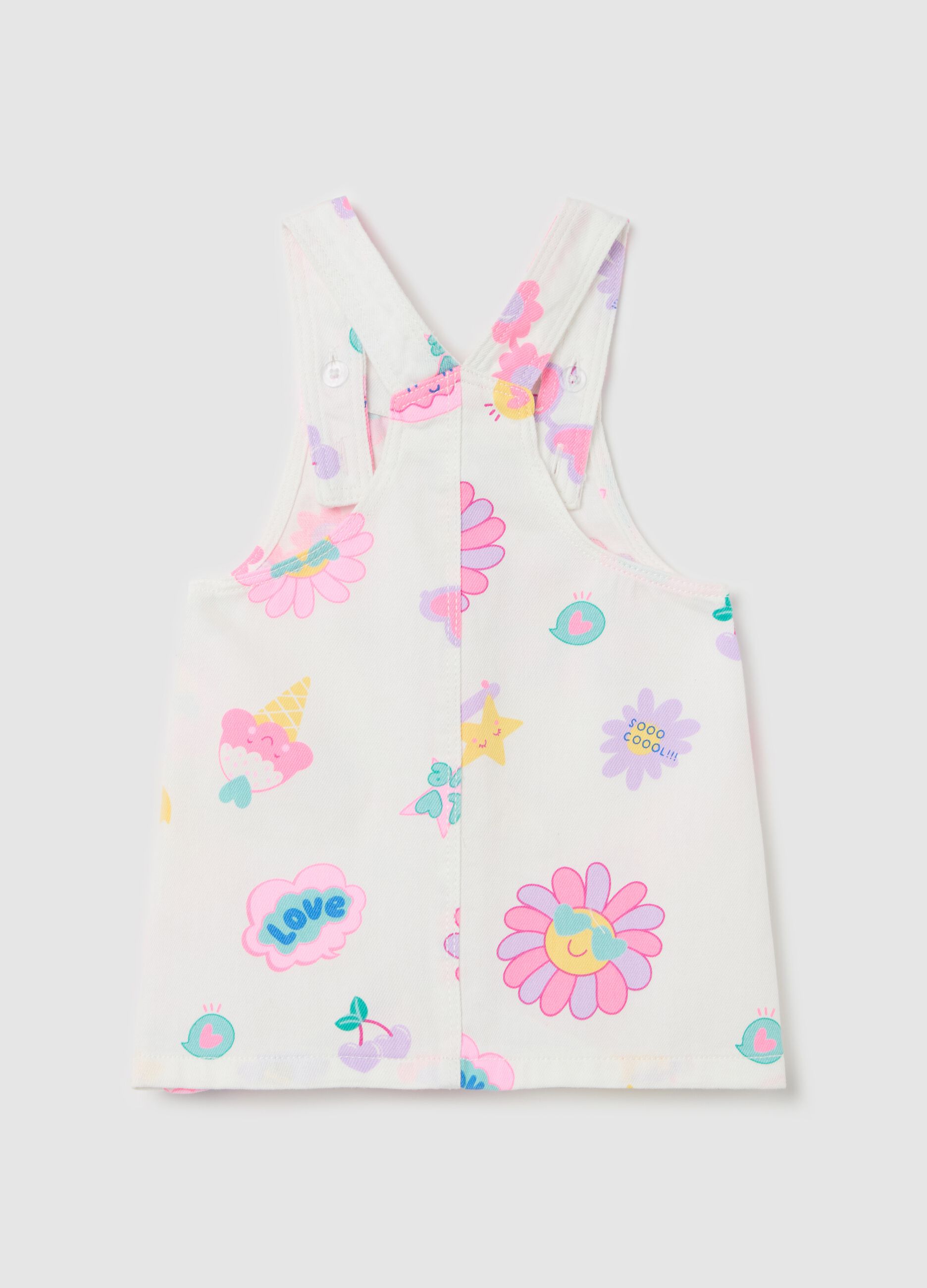 Salopette gonna in denim con stampa fiori 