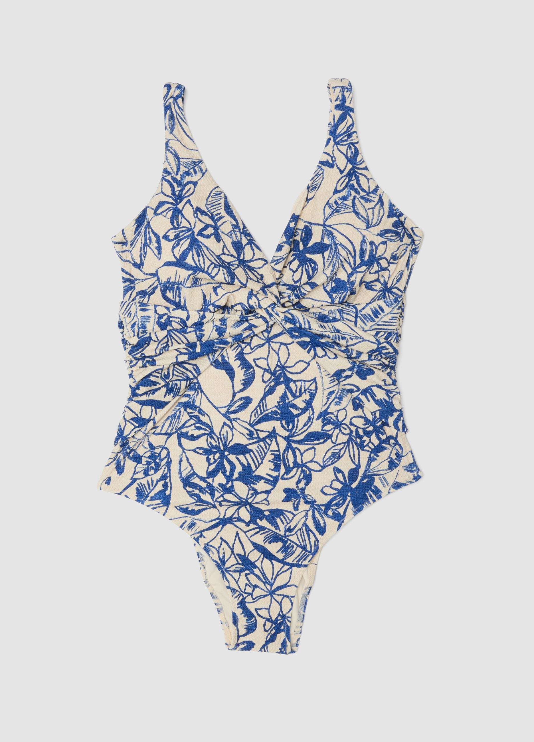 Blue floral-print stretch swimsuit