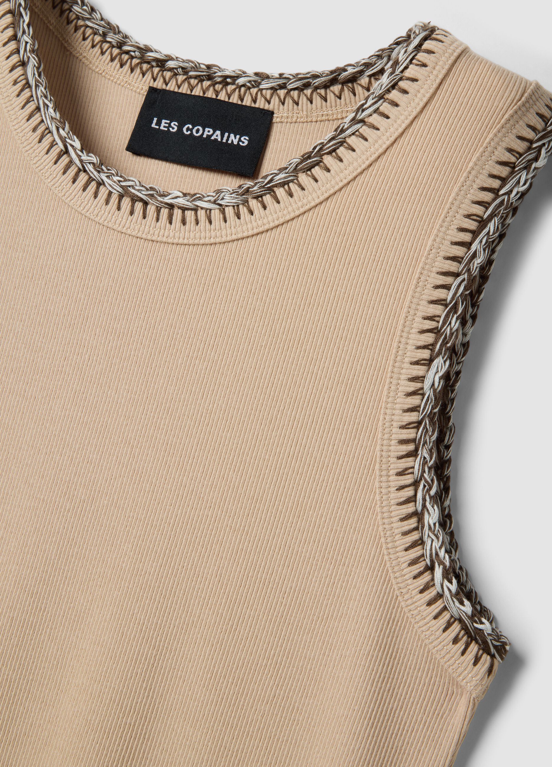 Beige regular fit stretch cotton tank top with embroidered edges