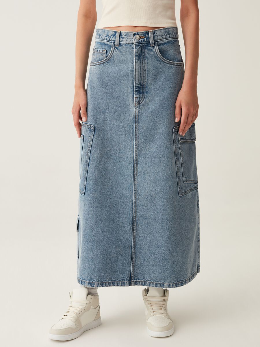 Gonna lunga cargo in denim_1