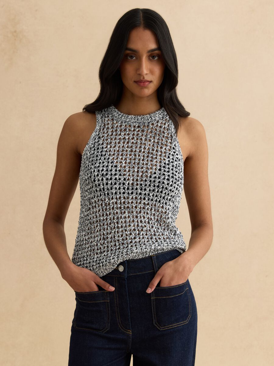 Multicolour cotton blend regular fit tank top with knitted design_3
