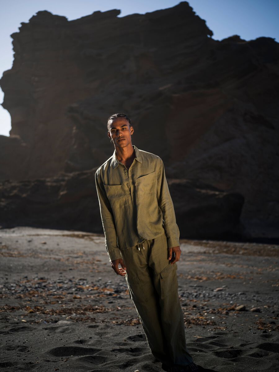 100% Linen Cargo Shirt Military Green_0