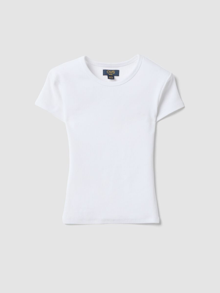 White fitted short-sleeved stretch organic cotton T-shirt for girls_0
