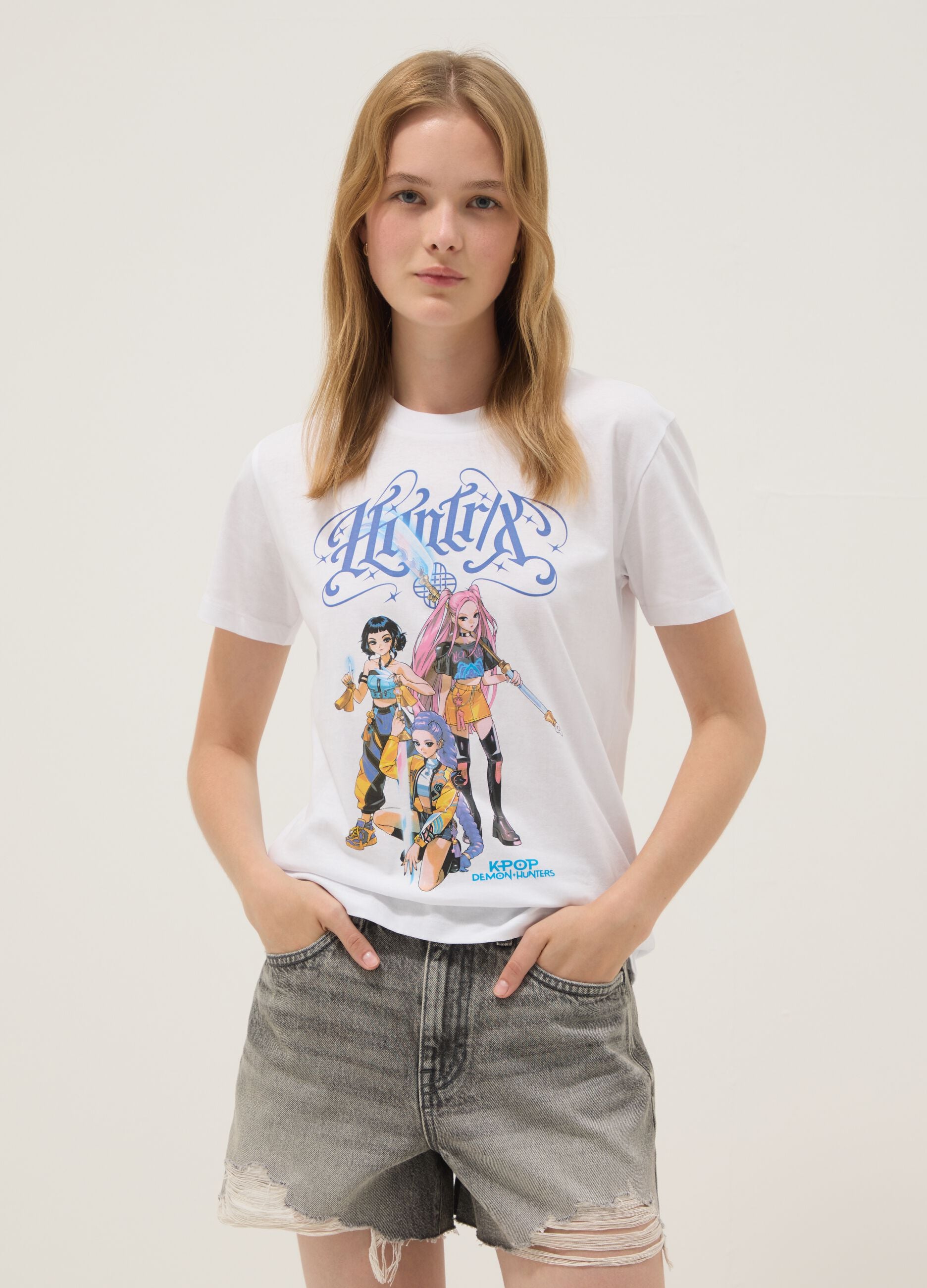T-shirt in puro cotone bianca regular fit con stampa K-Pop Demon Hunters