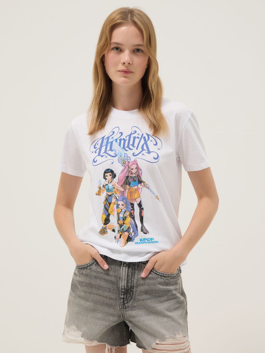 T-shirt in puro cotone bianca regular fit con stampa K-Pop Demon Hunters_0