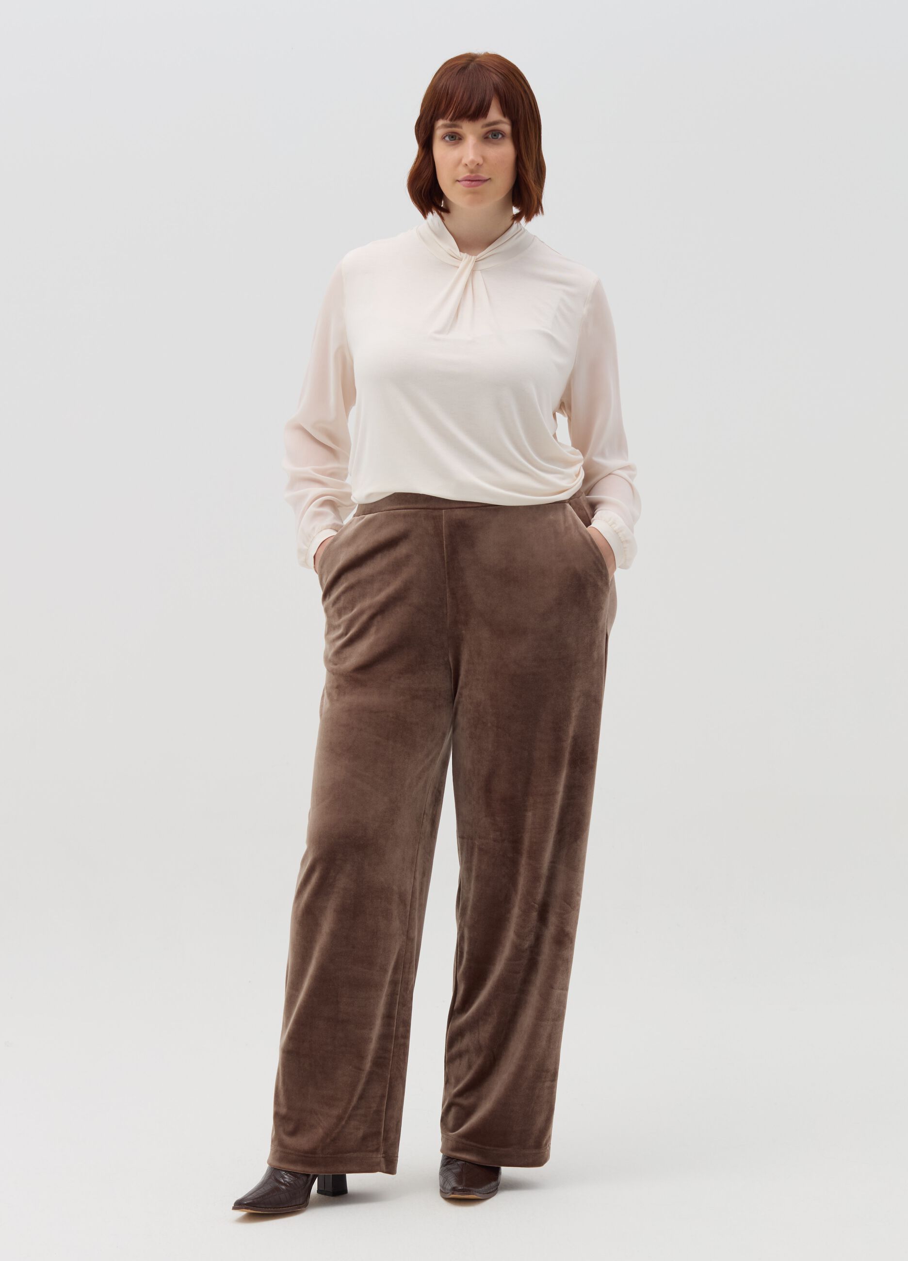Pantaloni a gamba larga in velluto Curvy Marrone MYA da Donna OVS