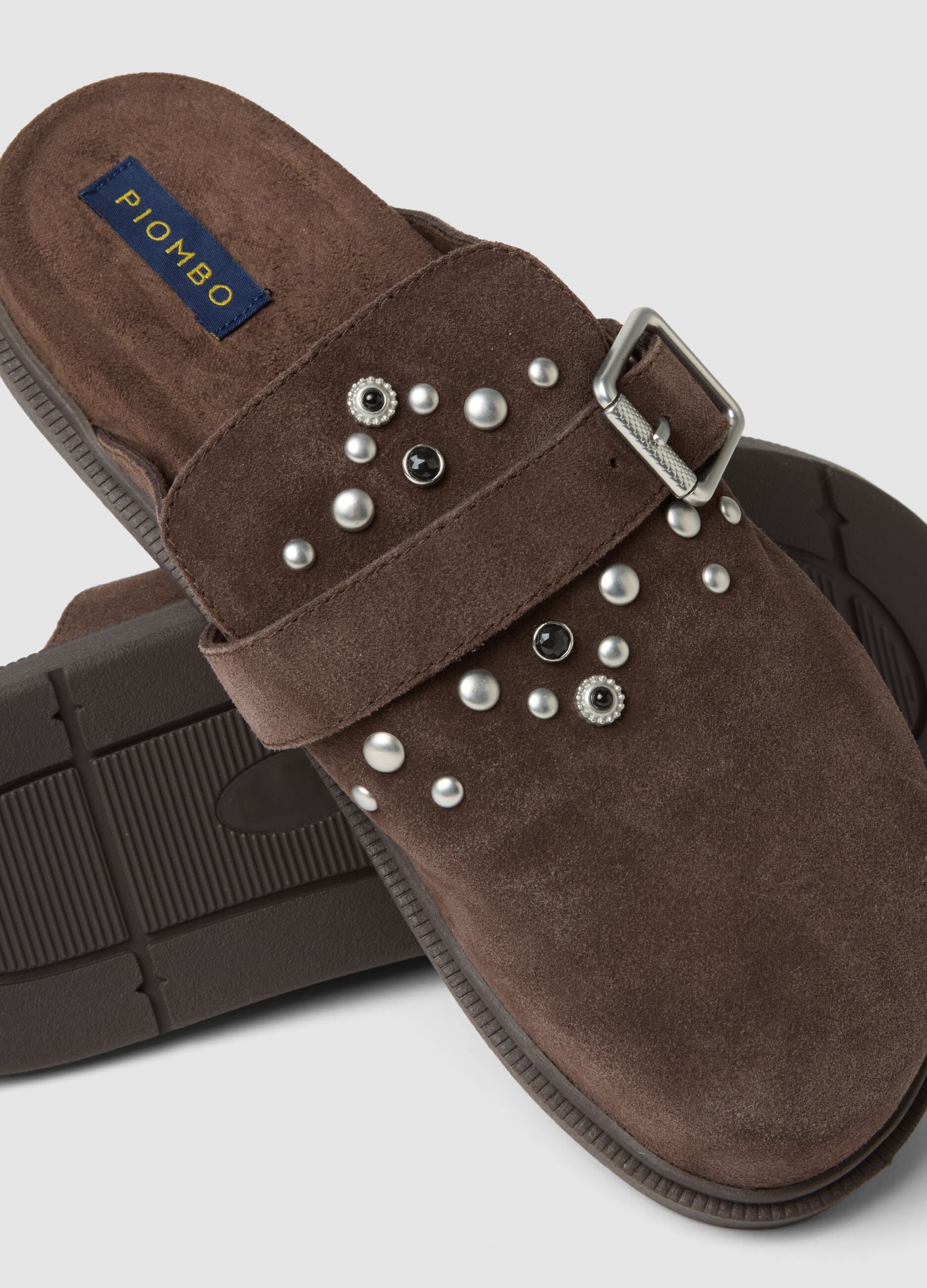 Brown genuine leather loafers with buckle and studs