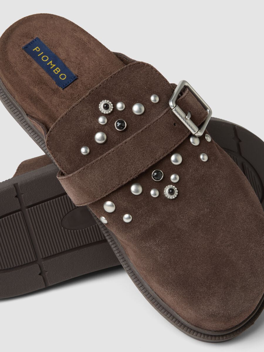 Brown genuine leather clogs with buckle and studs_1
