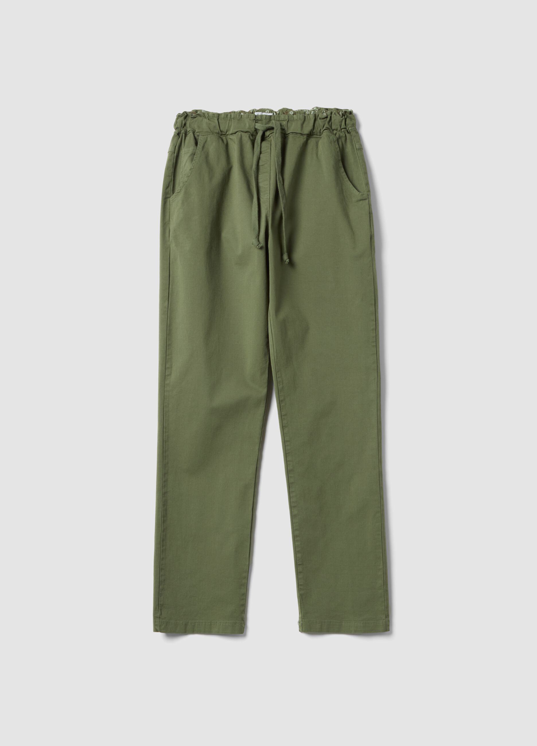 Green stretch-cotton trousers with drawstring