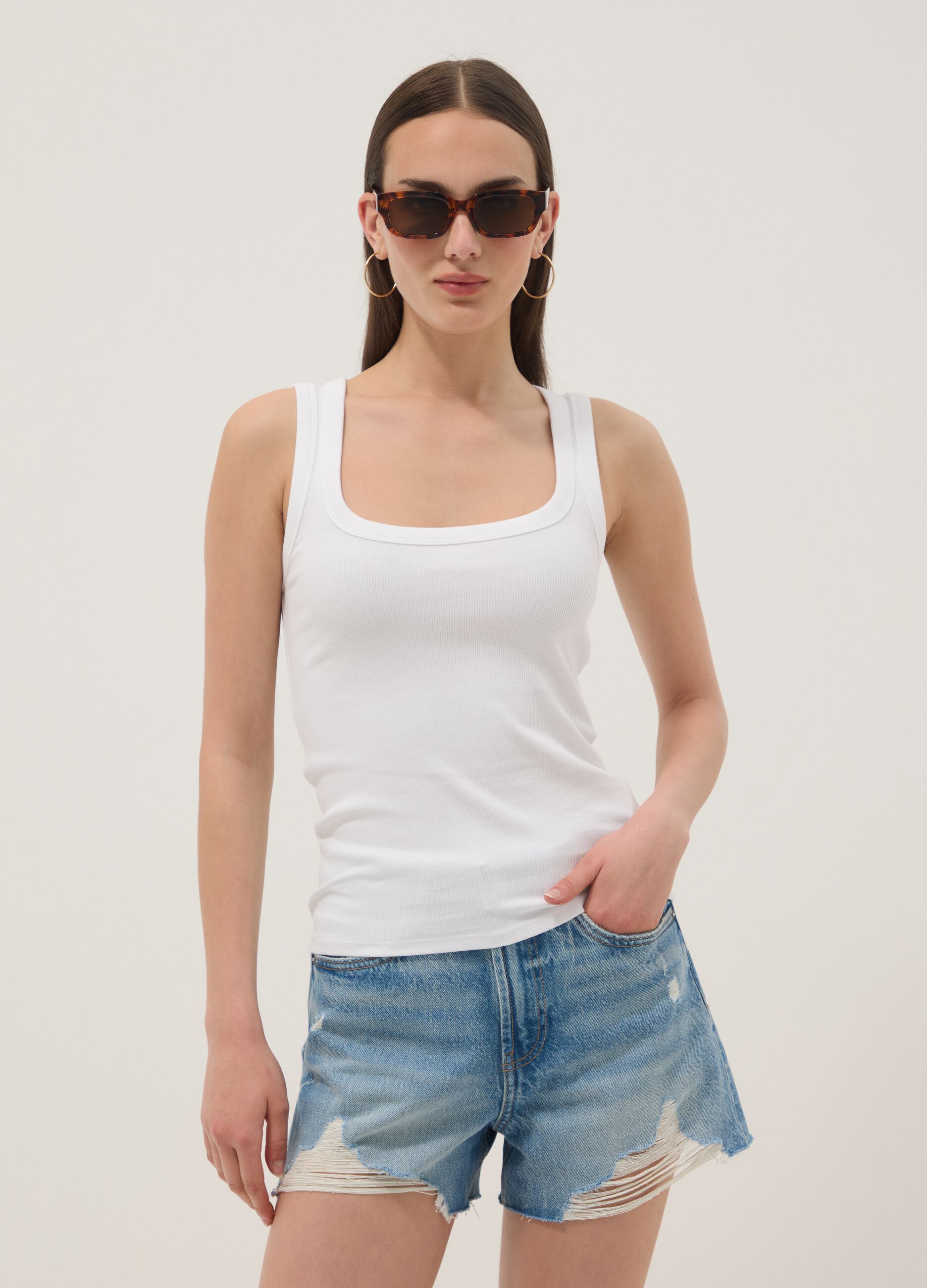 White stretch cotton tank top