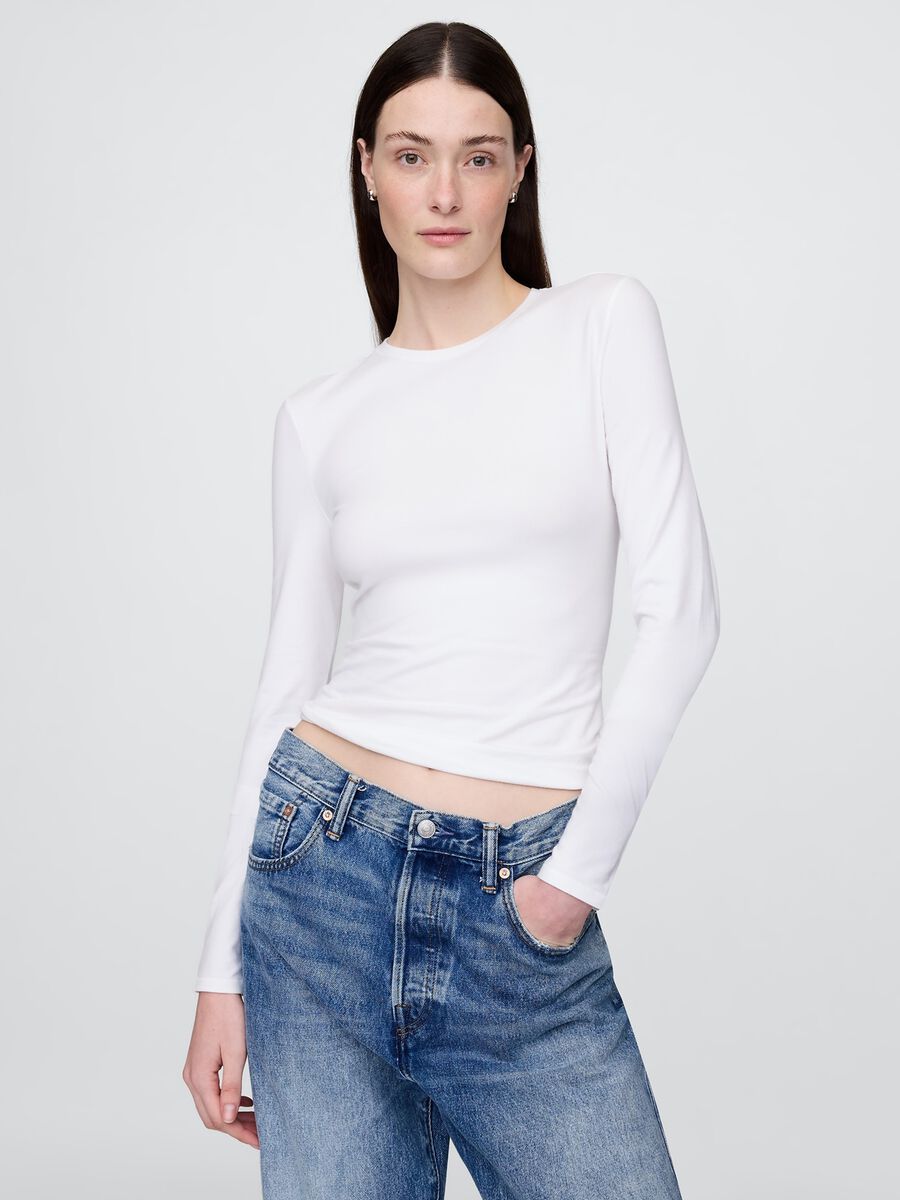 T-shirt bianca a maniche lunghe elasticizzata_0
