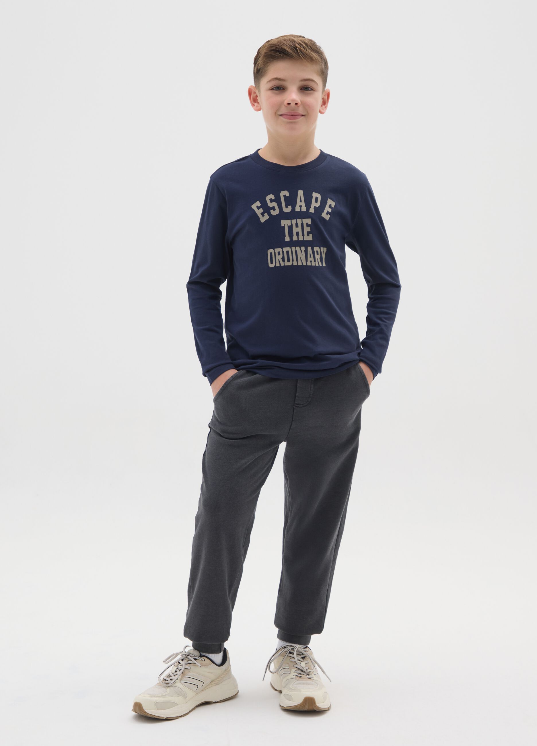 Boys' black cotton blend jogger trousers in over fit