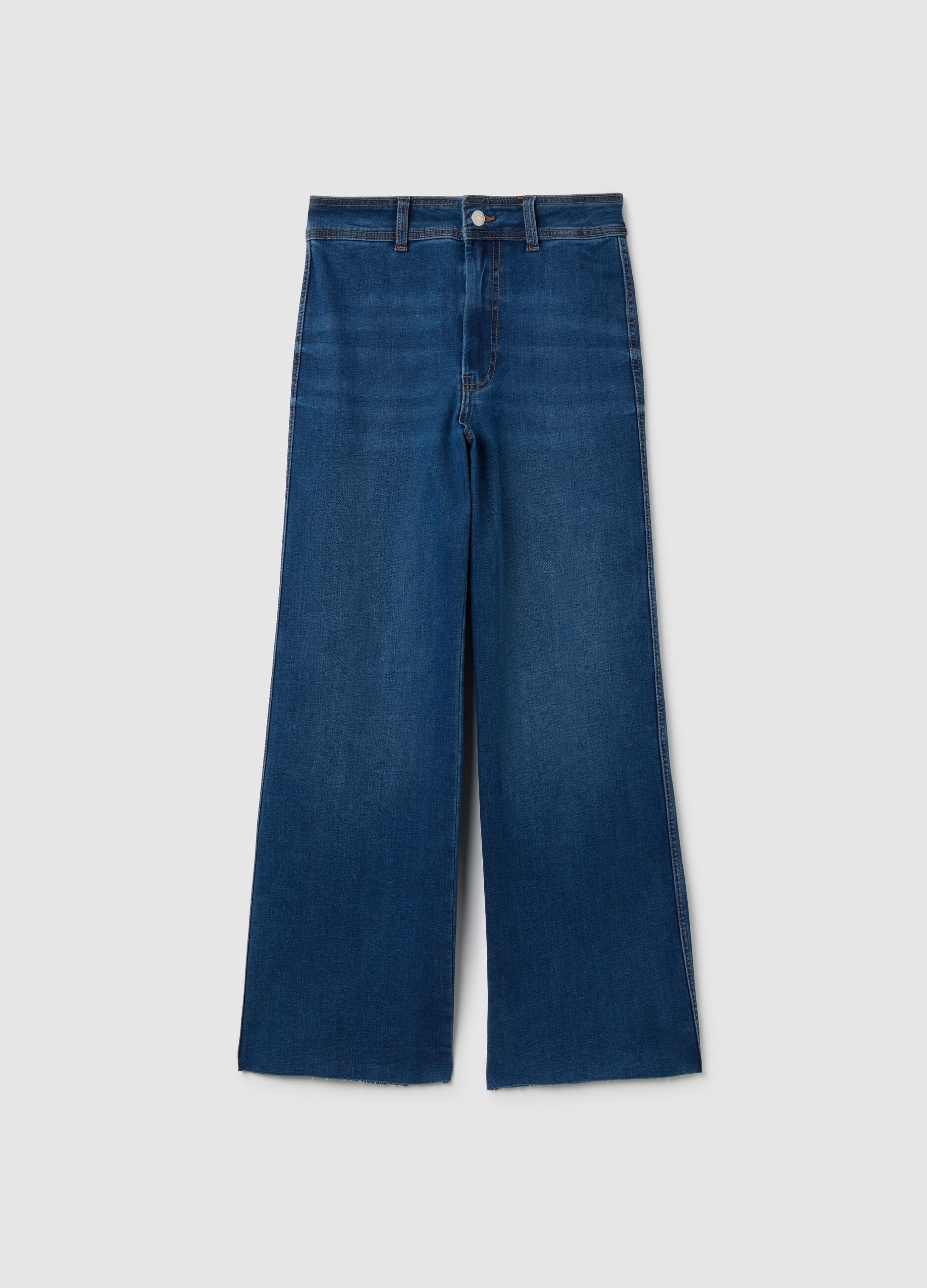 Blue Wide Leg Stretch Cotton Blend Jeans
