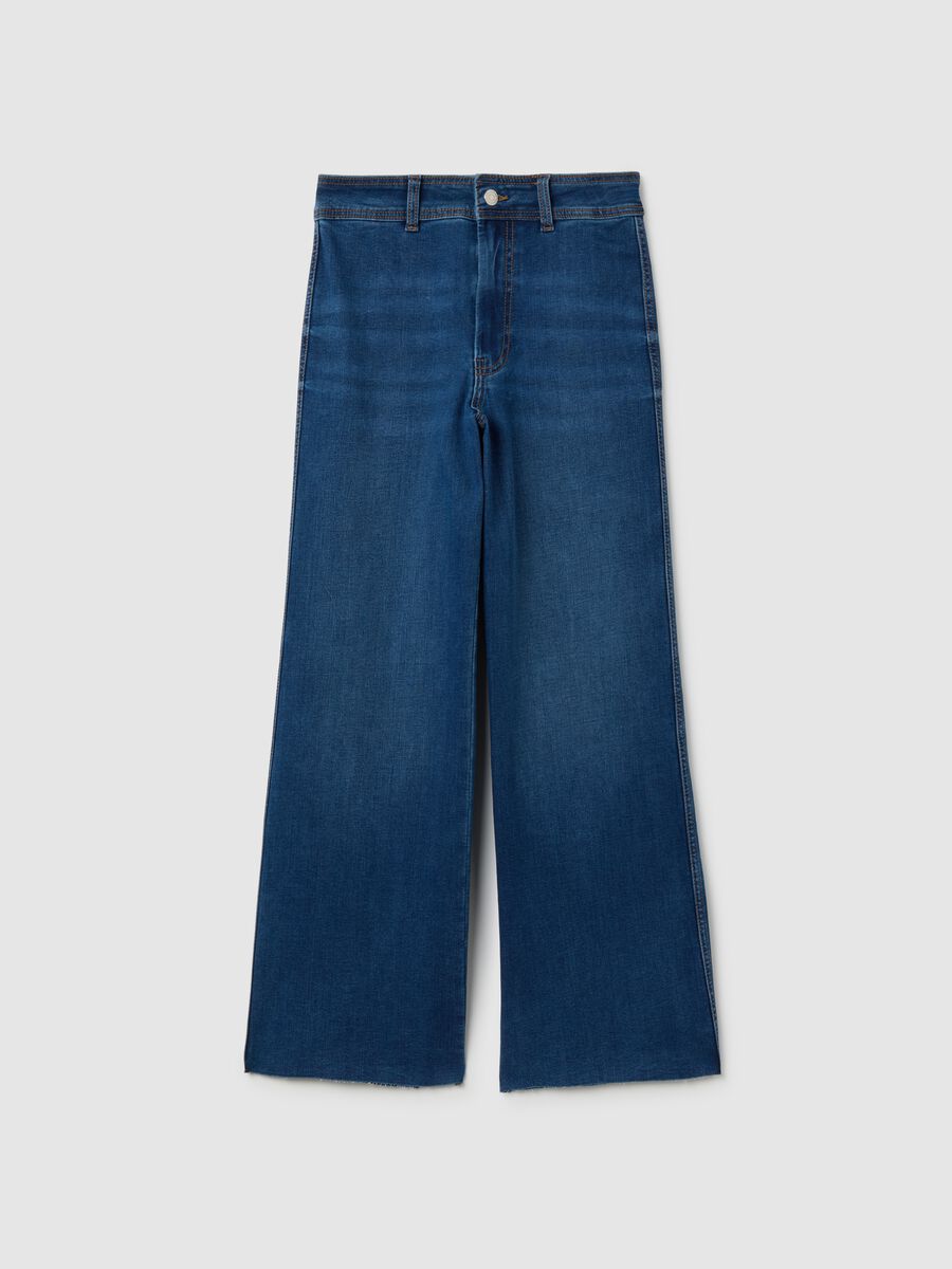 Blue Wide Leg Stretch Cotton Blend Jeans_2