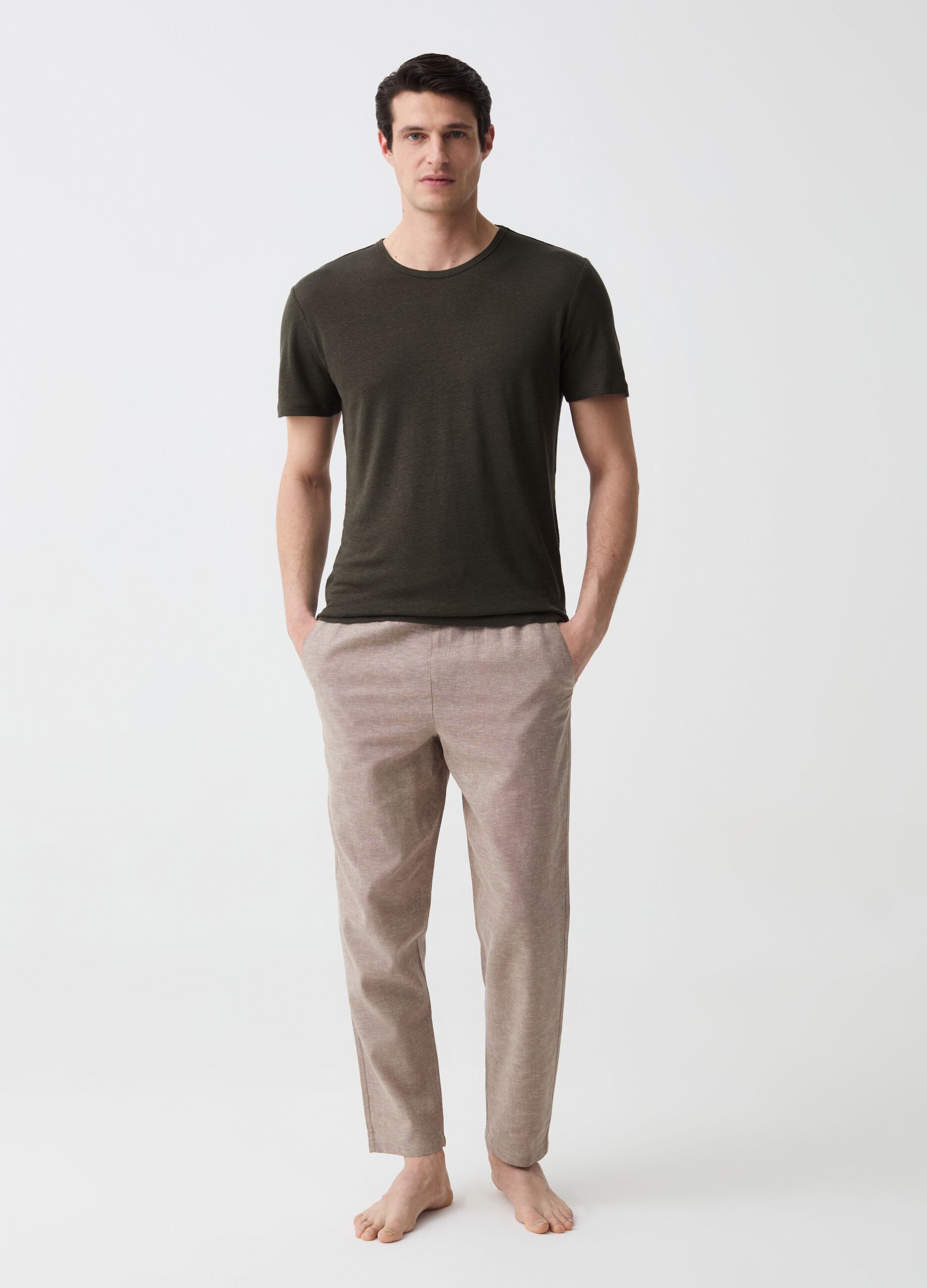 Long pyjama trousers in linen and cotton