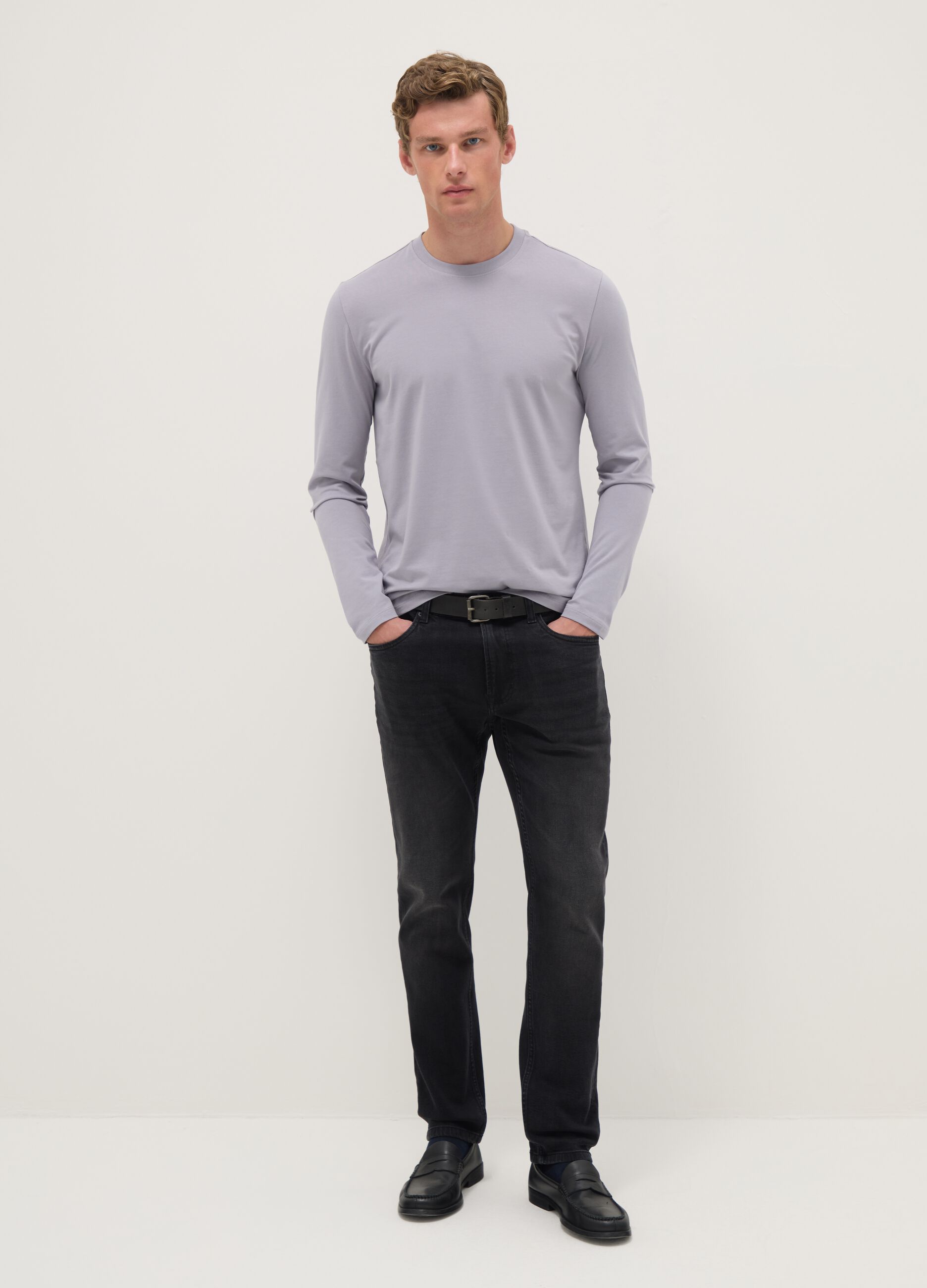 Grey long sleeve stretch cotton regular fit T-shirt