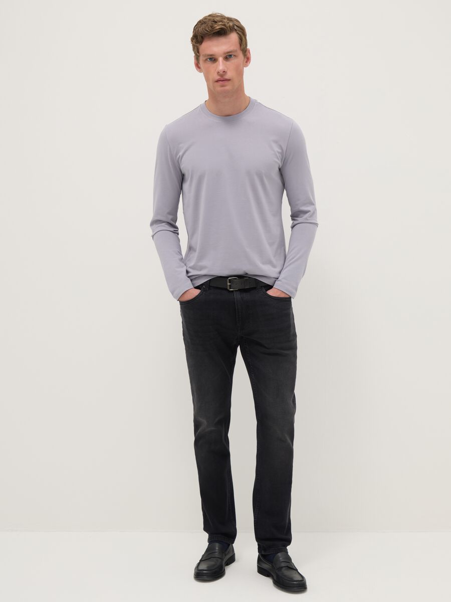 Grey long sleeve stretch cotton regular fit T-shirt_1