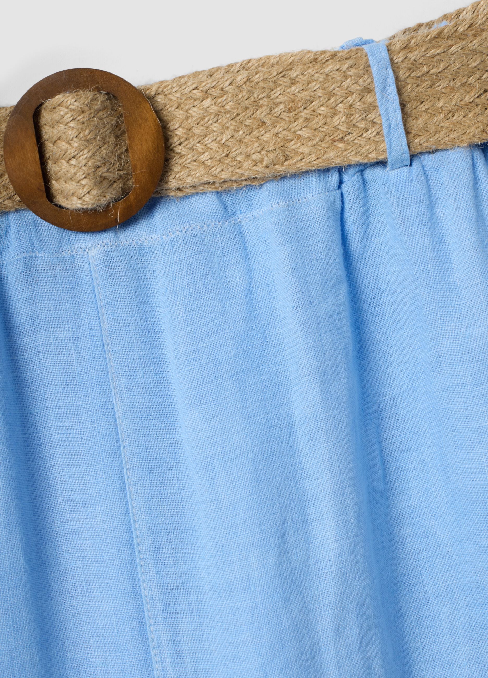 Sky-blue pure linen wide-leg trousers with elasticated waist