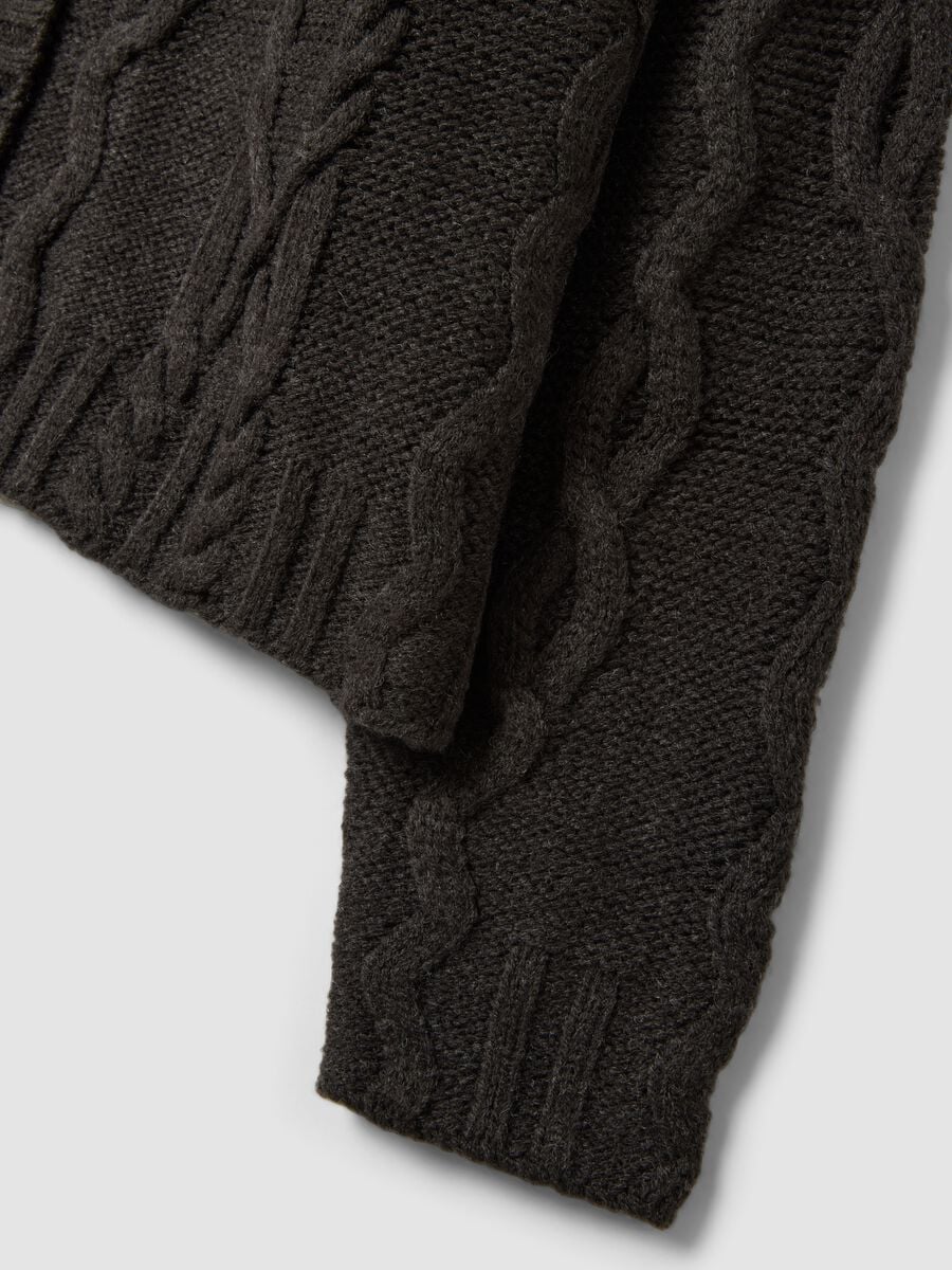 Cardigan grigio in misto lana con scollo profondo a V over fit a trecce_1