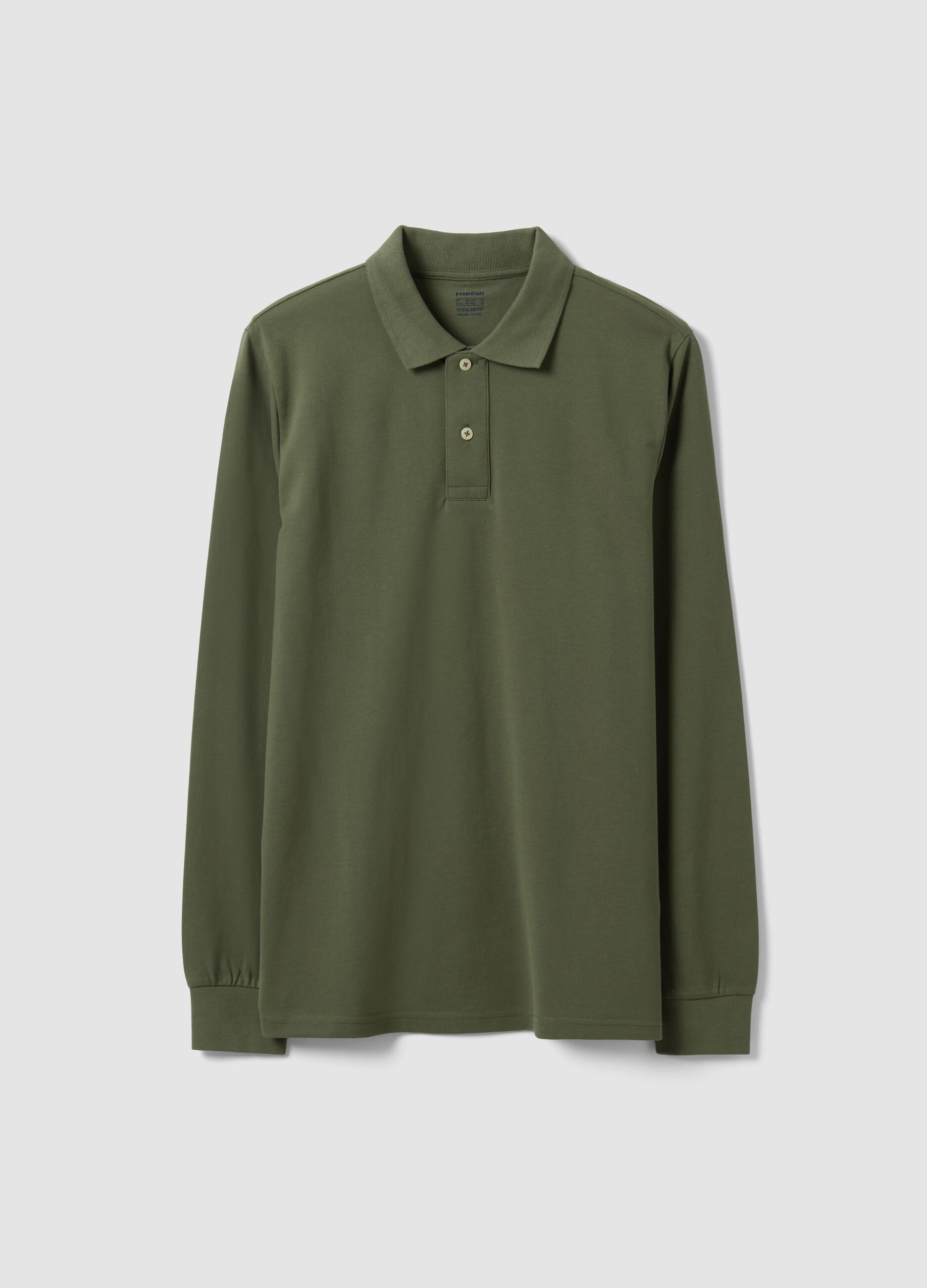 Green long-sleeve organic cotton piqu&eacute; polo, regular fit