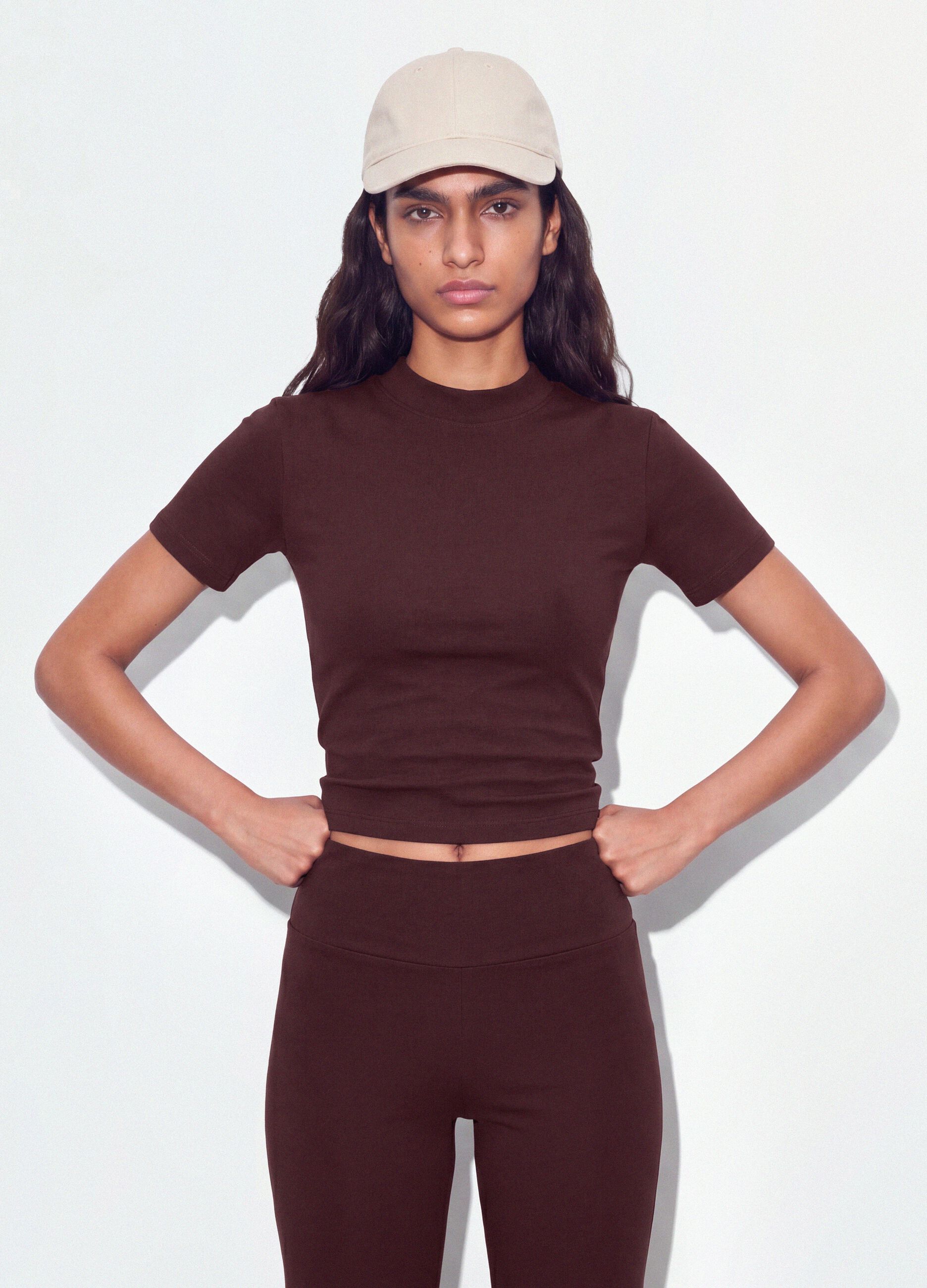 Brown fitted stretch-cotton T-shirt with raised neckline