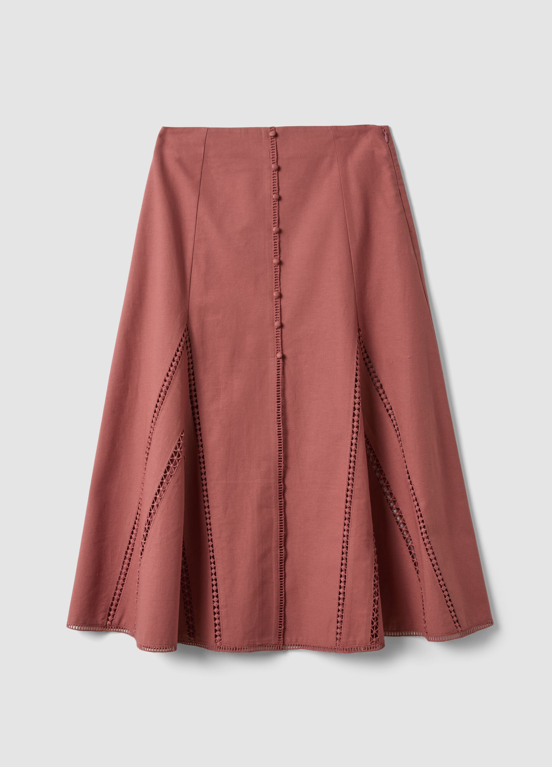 Pink cotton-linen blend skirt with openwork detailing