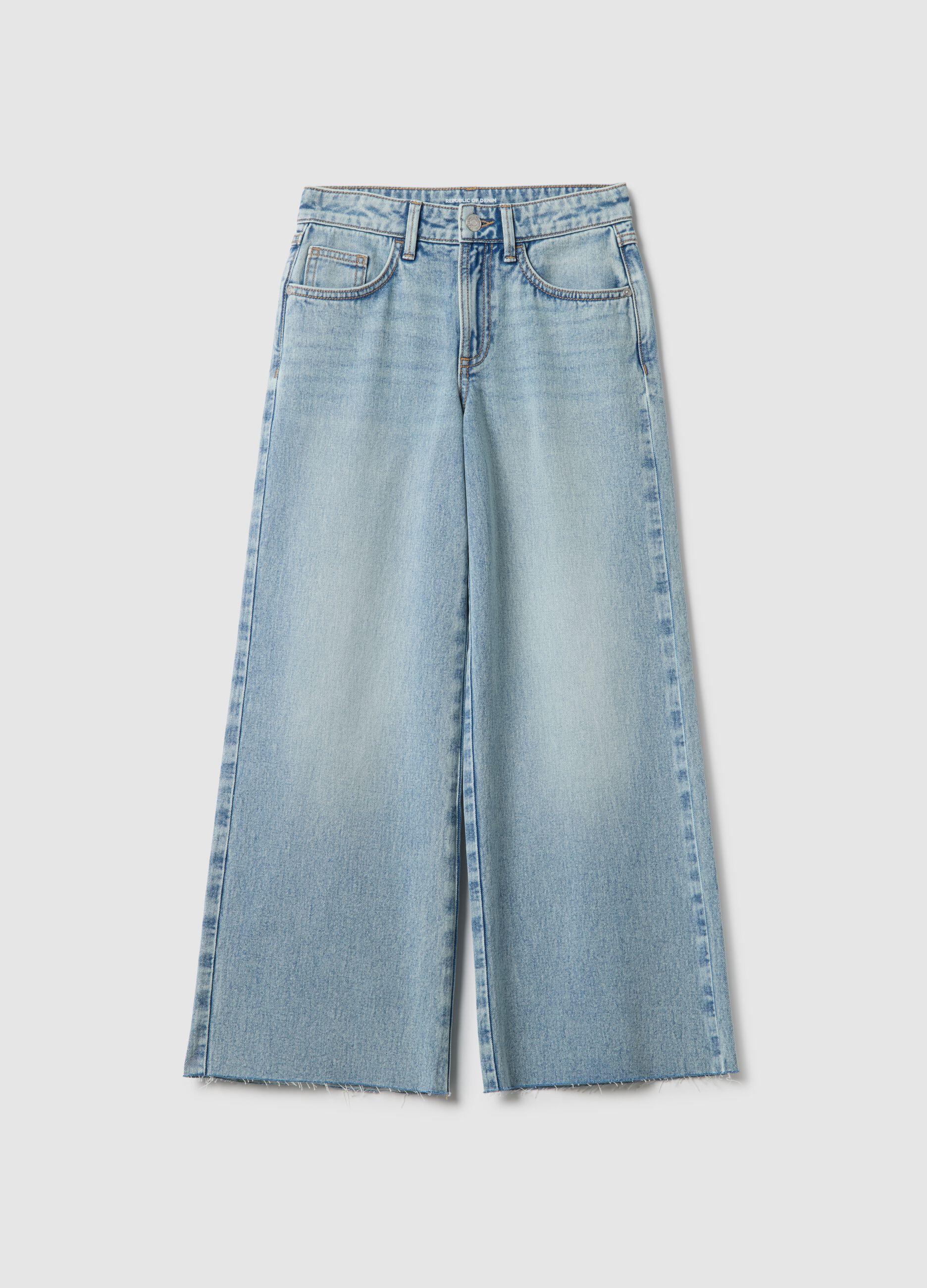 Girls' sky blue pure cotton wide leg jeans
