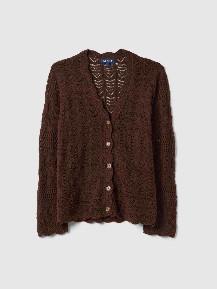 Brown pure cotton cardigan regular fit with lace pattern_0