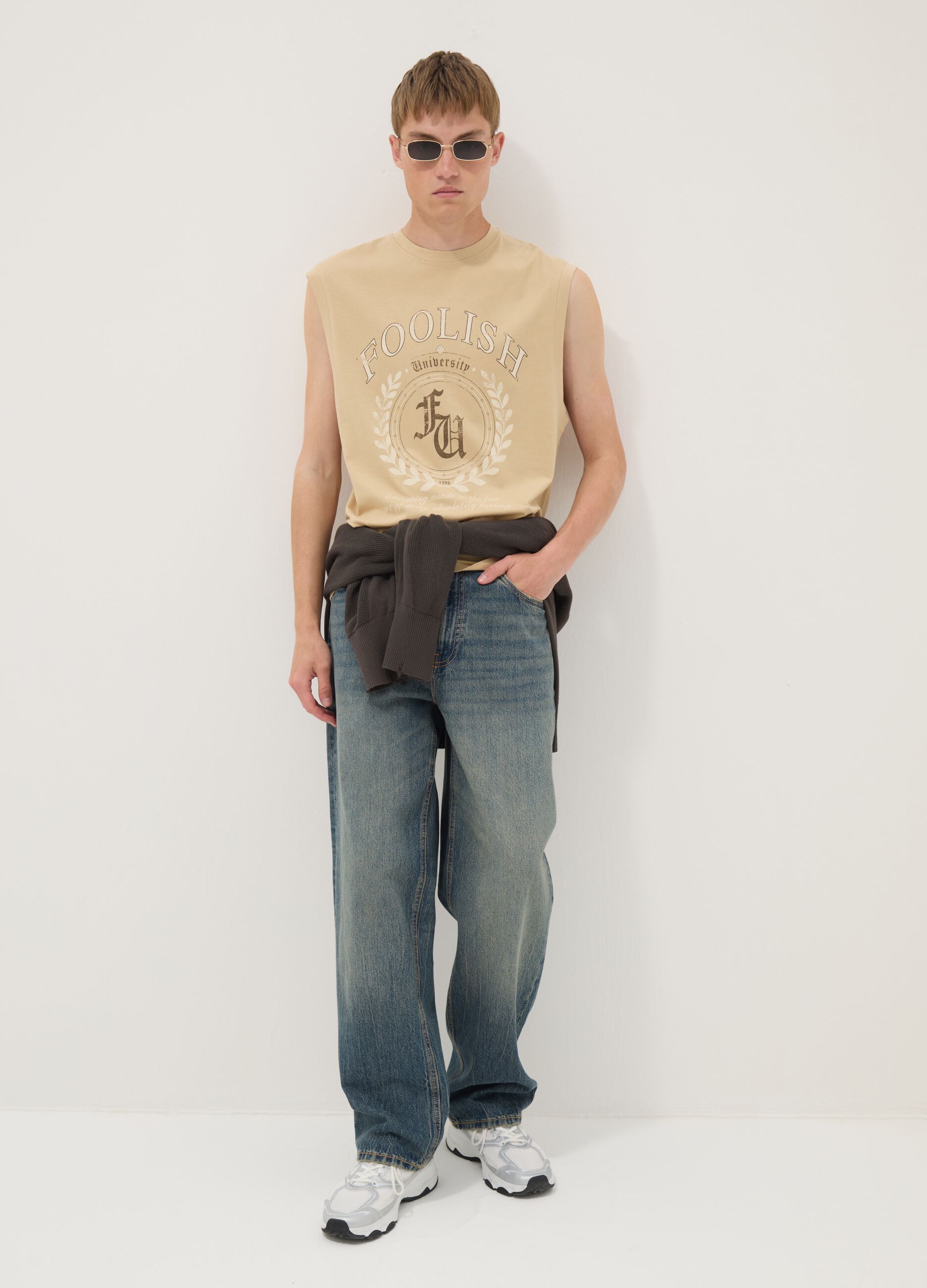 Tank top beige in puro cotone con stampa frontale