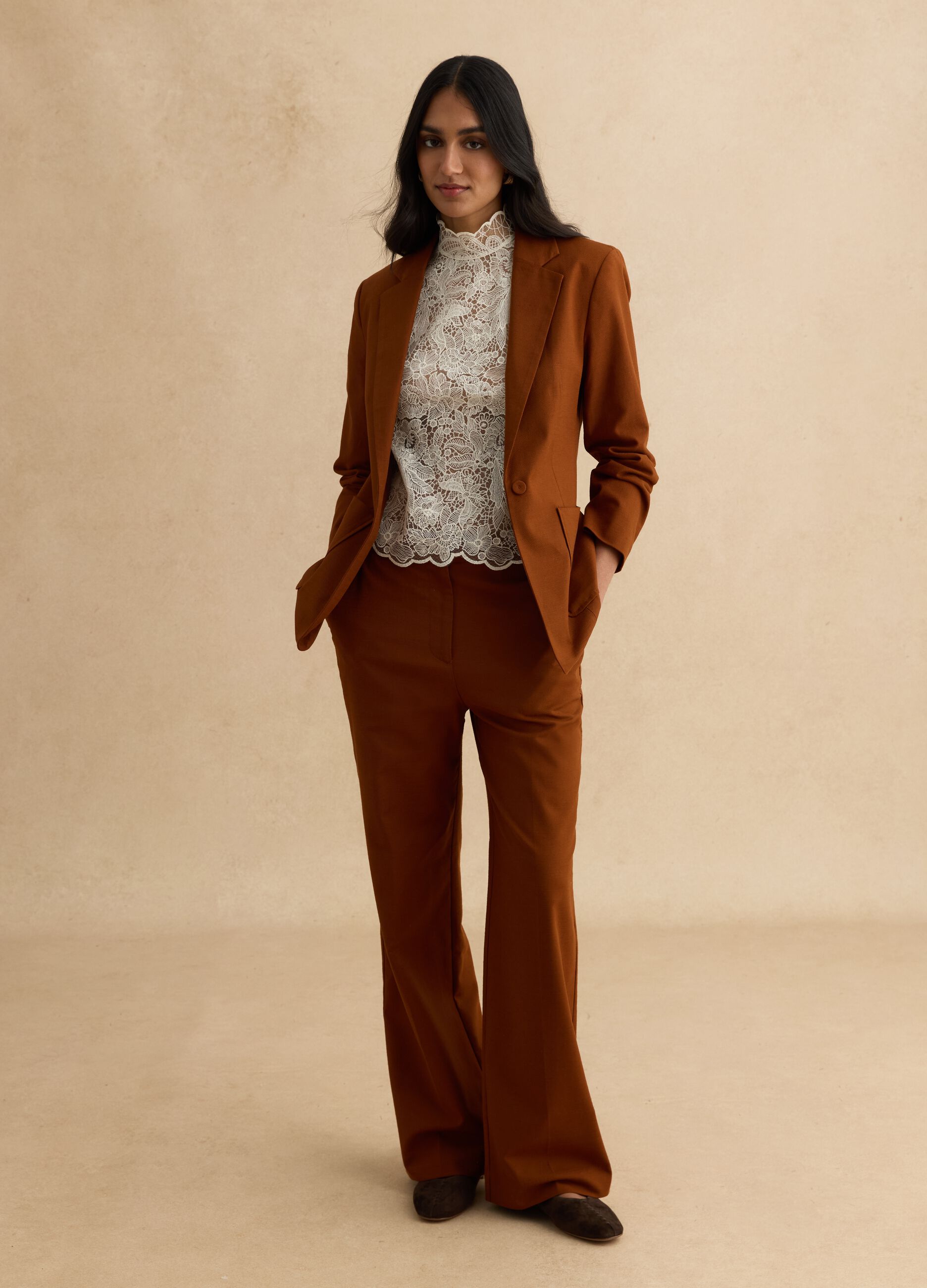 Brown wide leg trousers in stretch cotton and linen blend