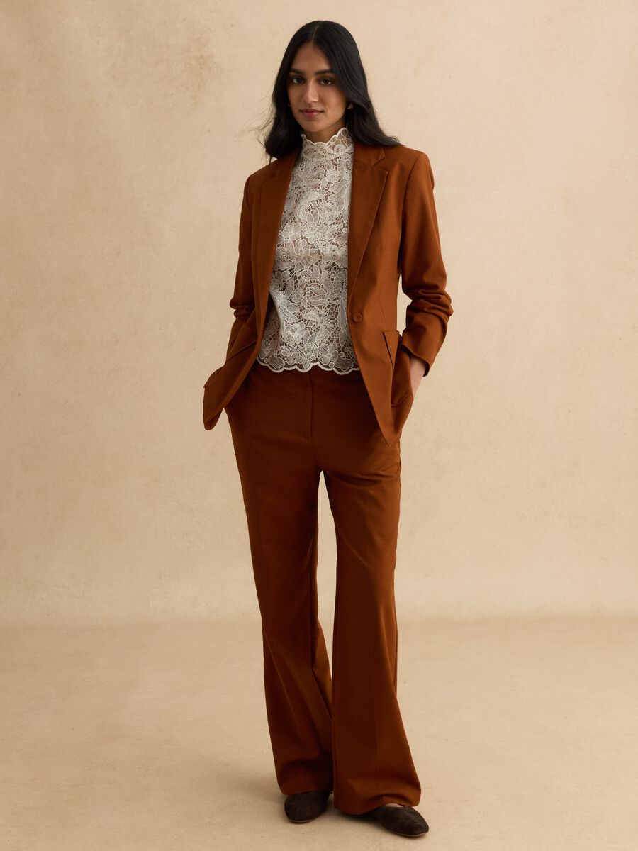 Brown wide leg trousers in stretch cotton and linen blend_0
