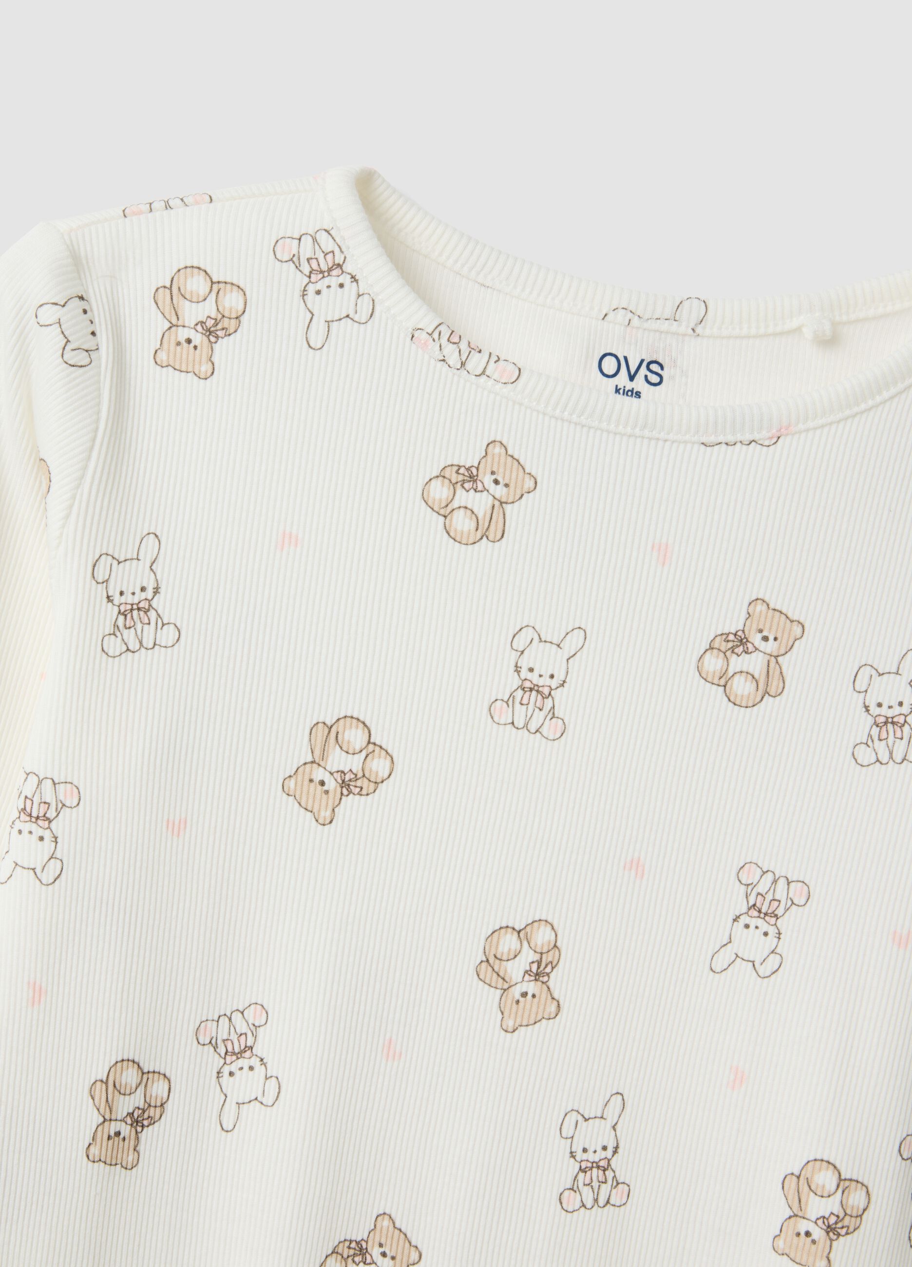 White pure organic cotton ribbed pyjamas with teddy bears for girls