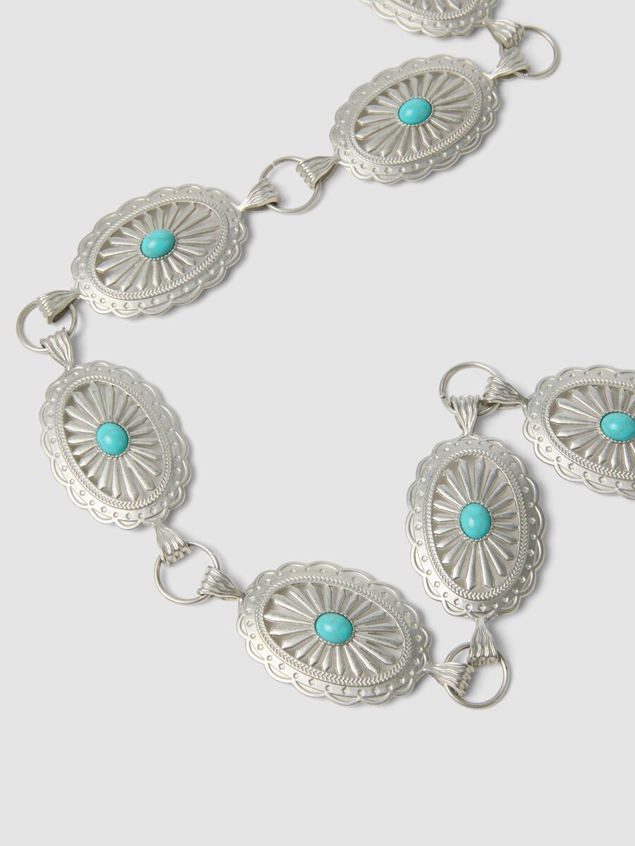 Cintura in metallo argento con pietre turchesi_1