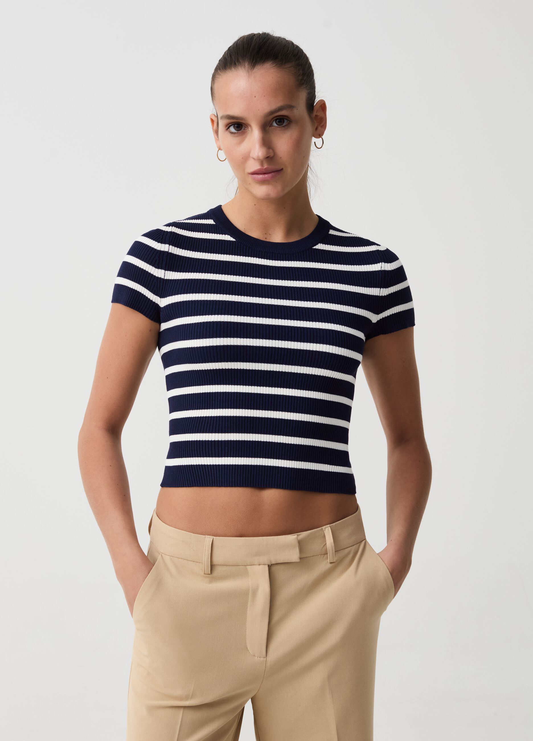 Ribbed crop T-shirt with striped pattern