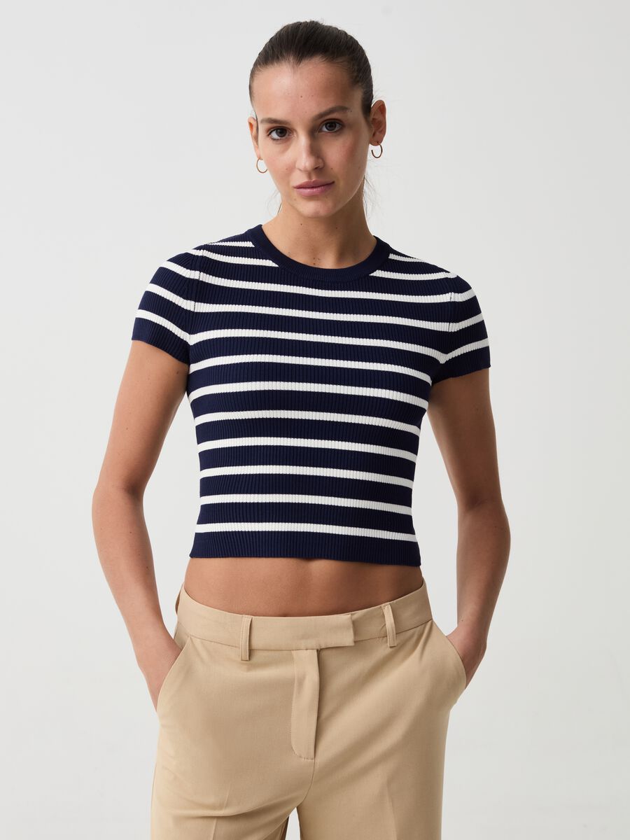 Ribbed crop T-shirt with striped pattern_0