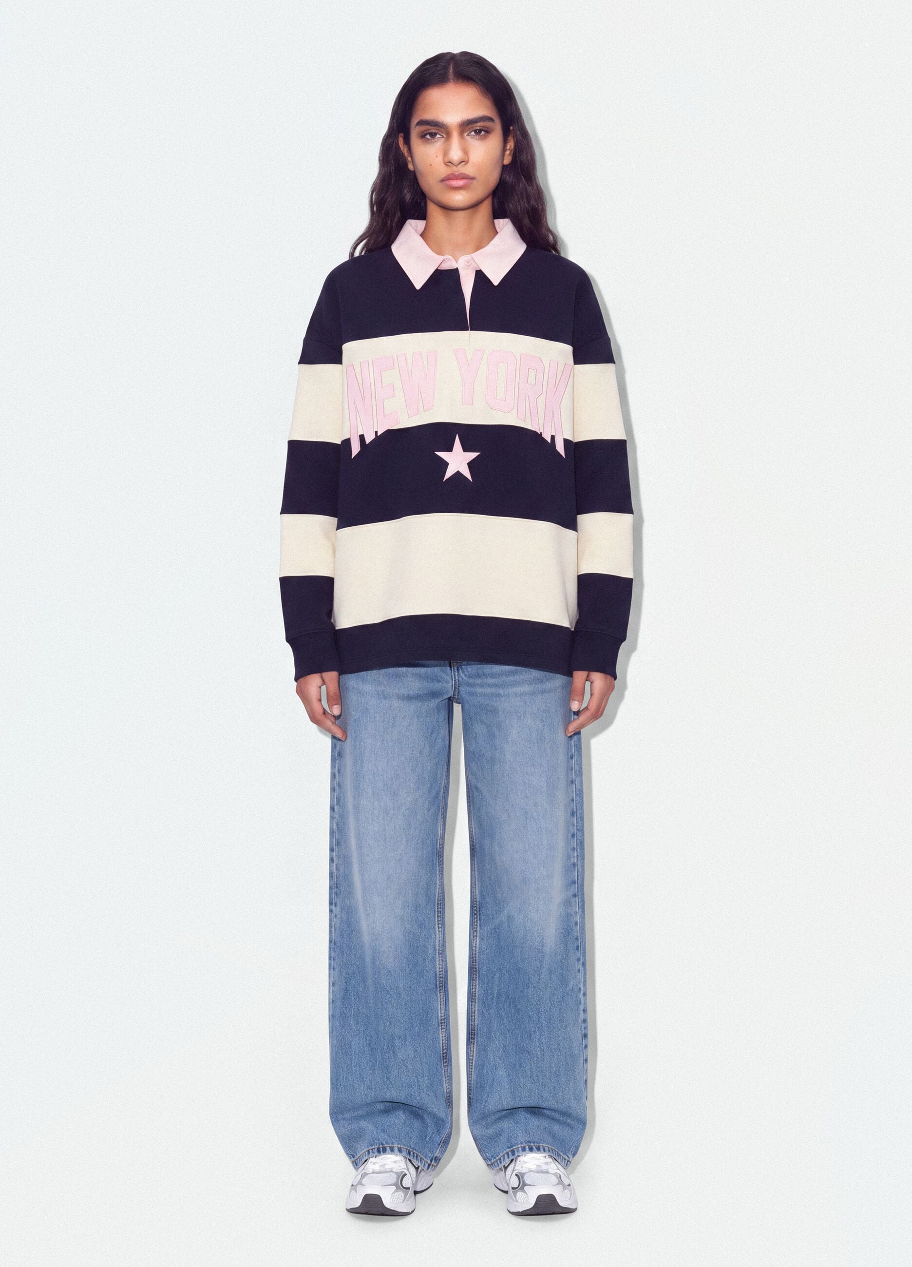 Blue striped cotton-blend sweatshirt with collar, relaxed fit