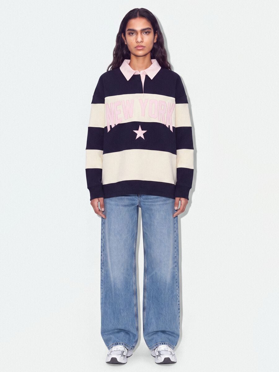 Felpa a righe blu in misto cotone con colletto relaxed fit_1