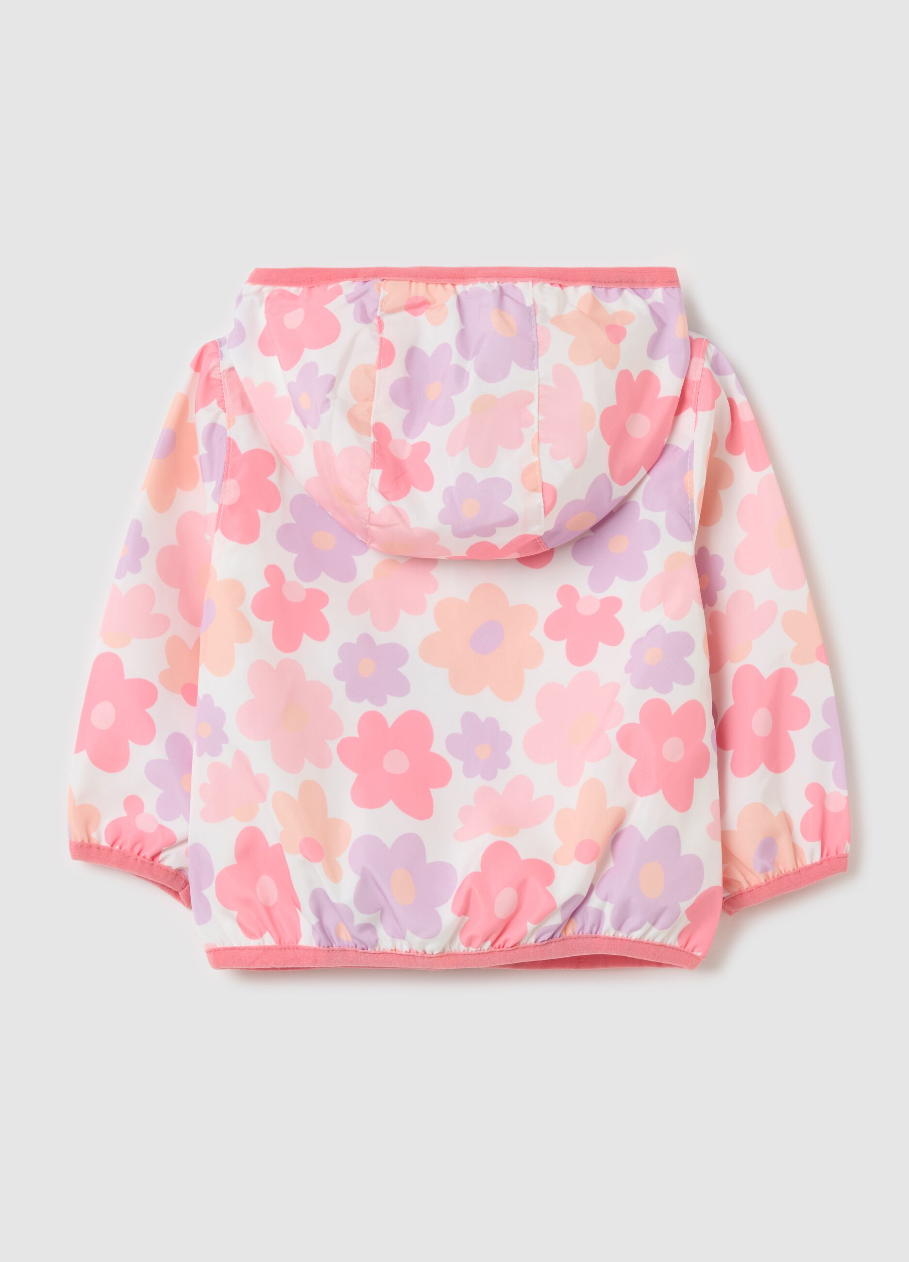 Giacca impermeabile con cappuccio stampa fiori