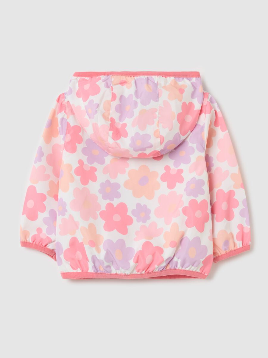 Waterproof jacket with hood and flowers print_1