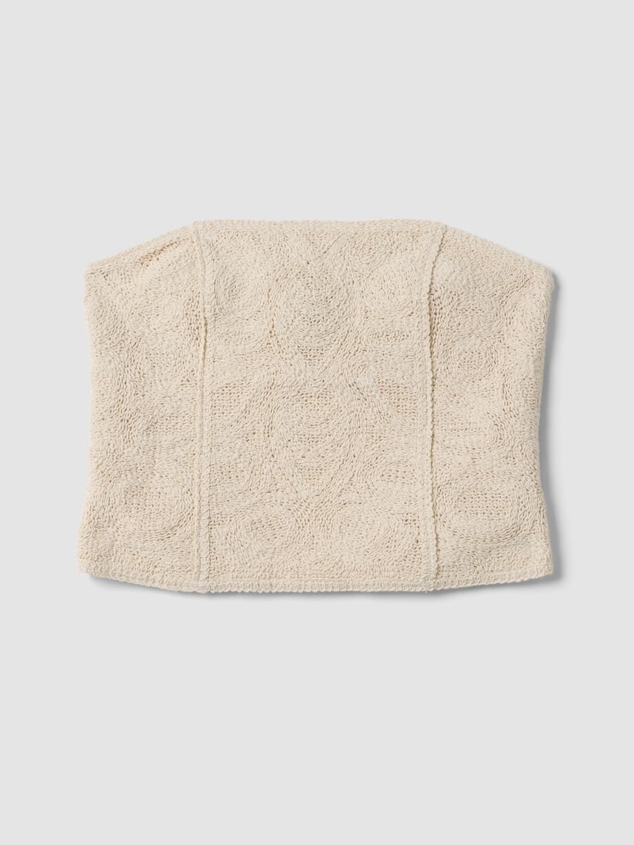 Beige strapless cotton-blend top, regular fit with textured knit_0