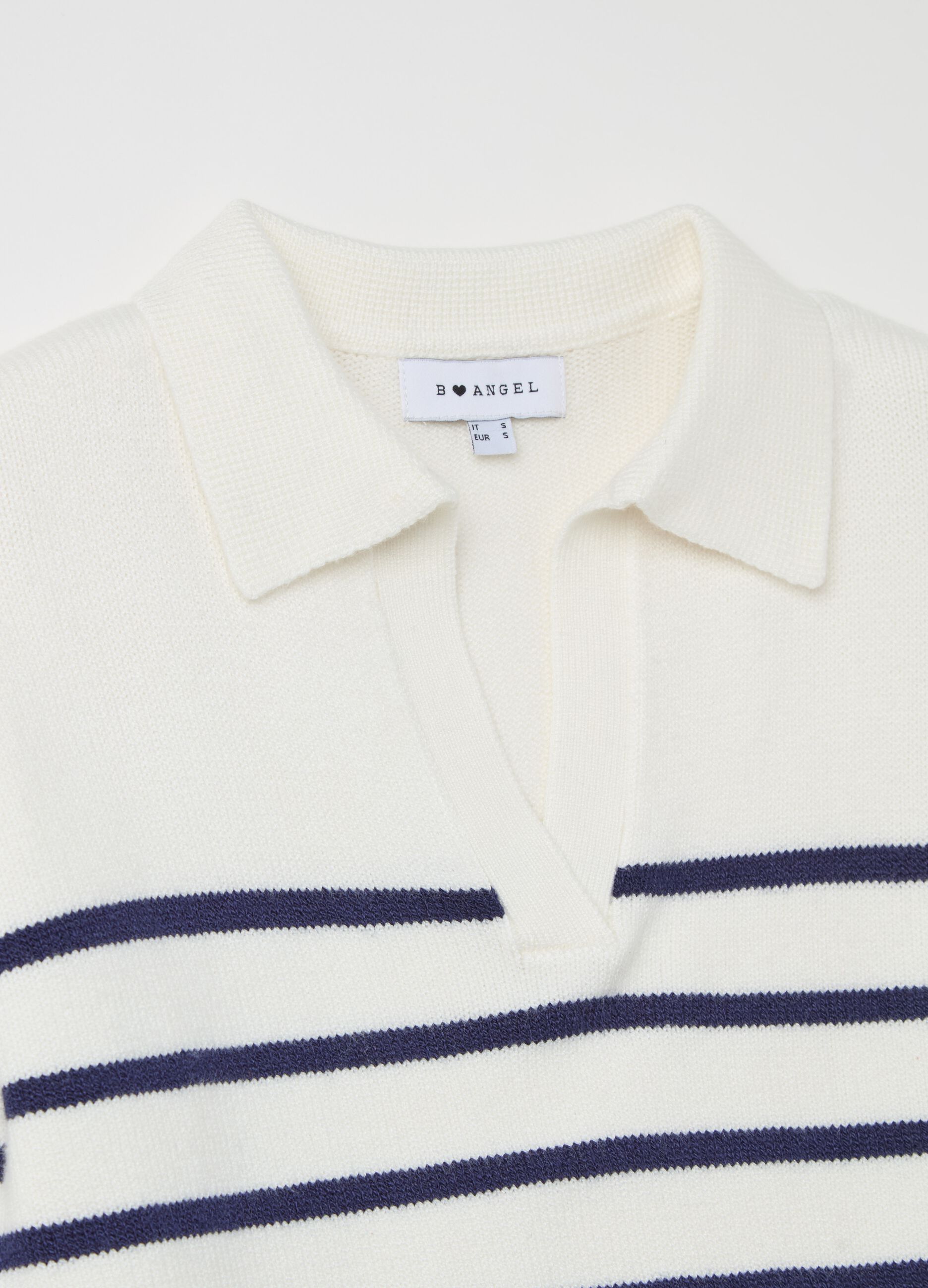 Top with blue and white stripes and polo neck